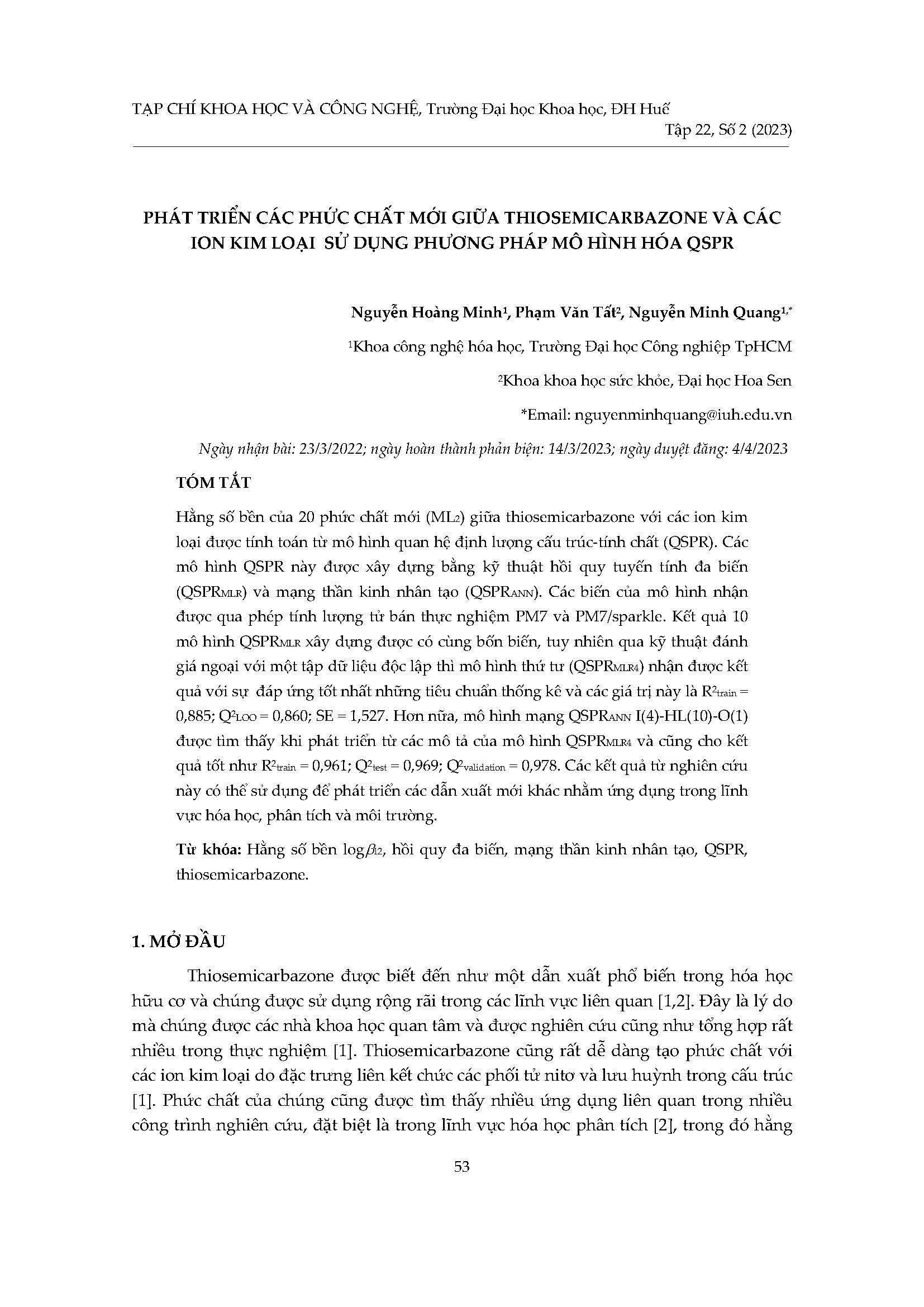 Phát triển các phức chất mới giữa Thiosemicarbazone và các ion kim loại sử dụng phương pháp mô hình hóa QSPR