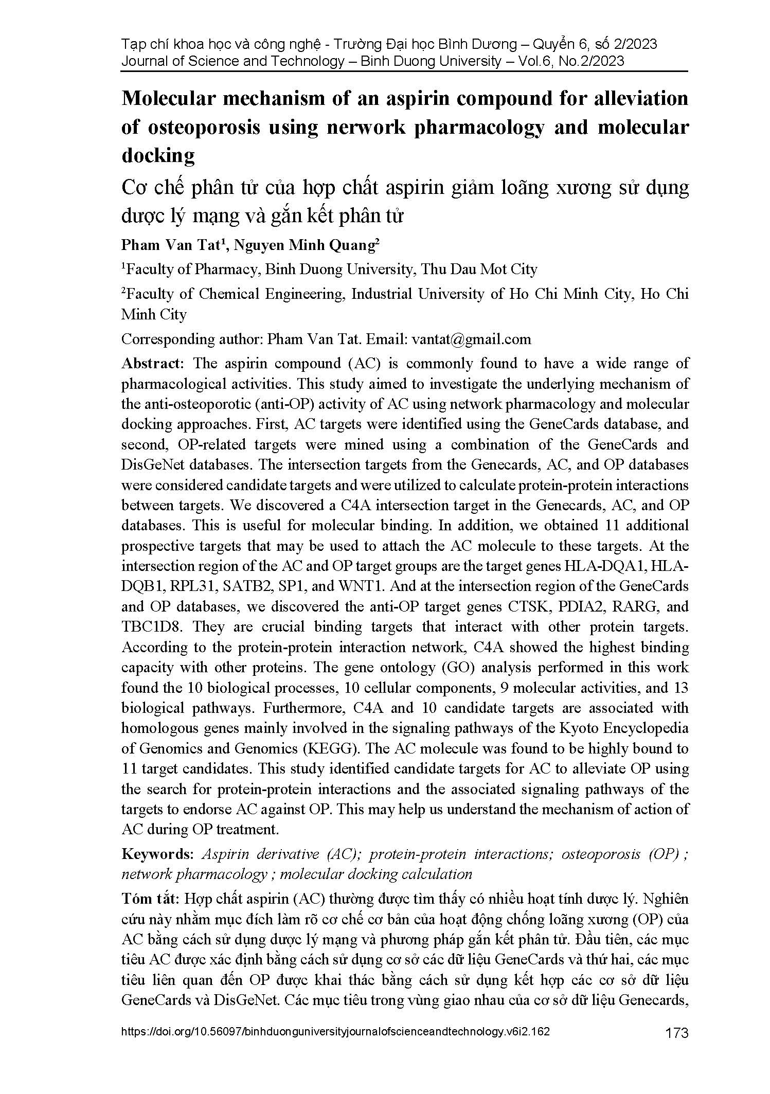 Molecular mechanism of an aspirin compound for alleviation of osteoporosis using nerwork pharmacology and molecular docking#Cơ chế phân tử của hợp chất aspirin giảm loãng xương sử dụng dược lý mạng và gắn kết phân tử