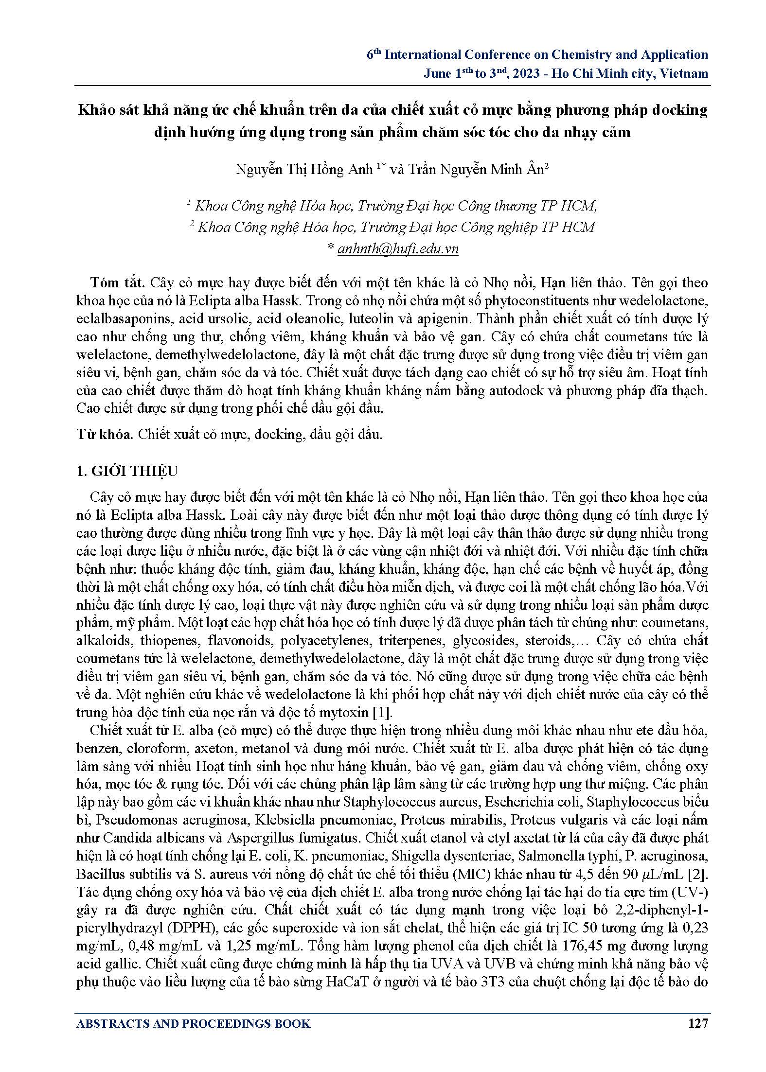 Khảo sát khả năng ức chế khuẩn trên da của chiết xuất cỏ mực bằng phương pháp docking định hướng ứng dụng trong sản phẩm chăm sóc tóc cho da nhạy cảm