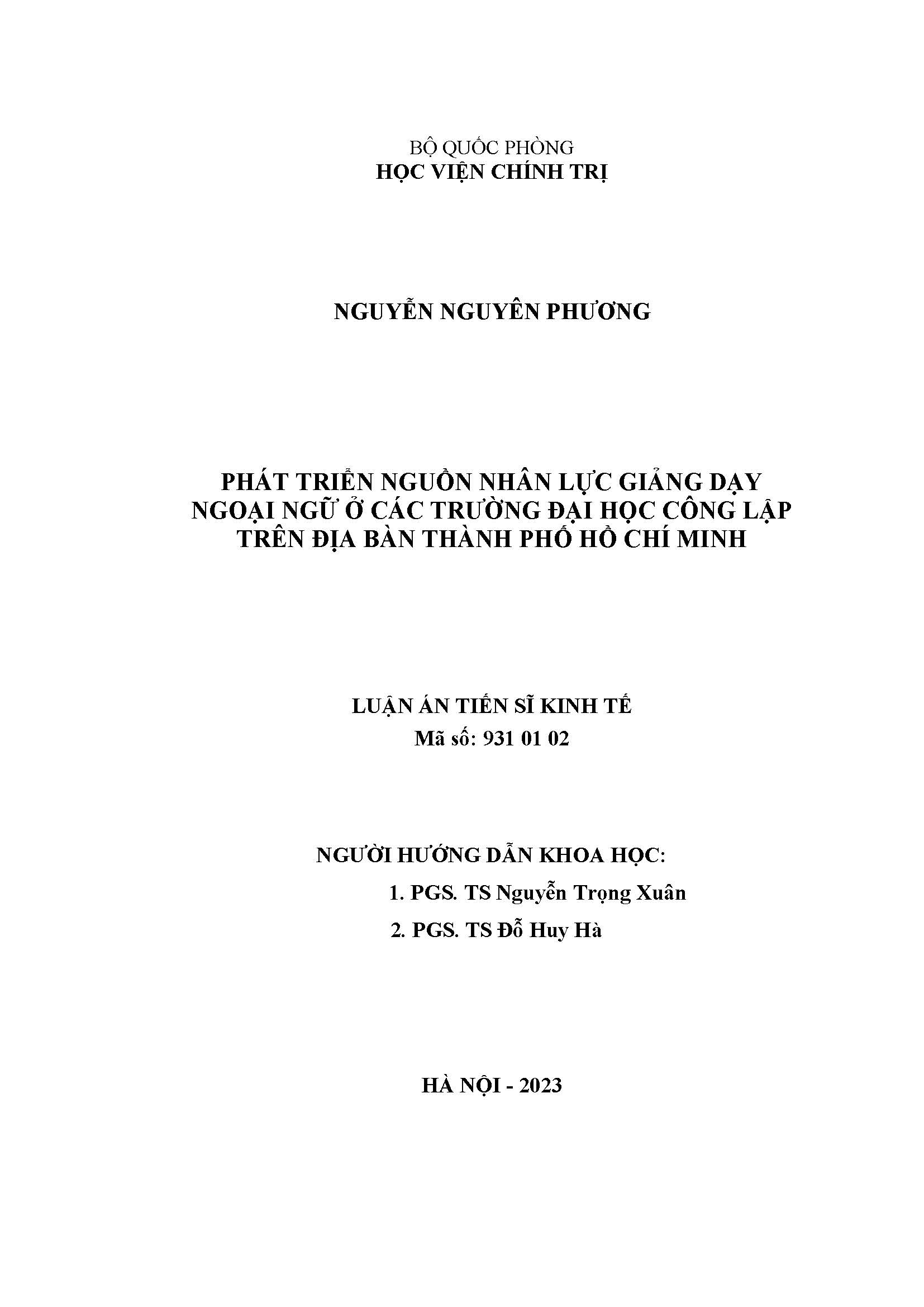 Phát triển nguồn nhân lực giảng dạy ngoại ngữ ở các trường đại học công lập trên địa bàn thành phố Hồ Chí Minh: Luận án Tiến sĩ