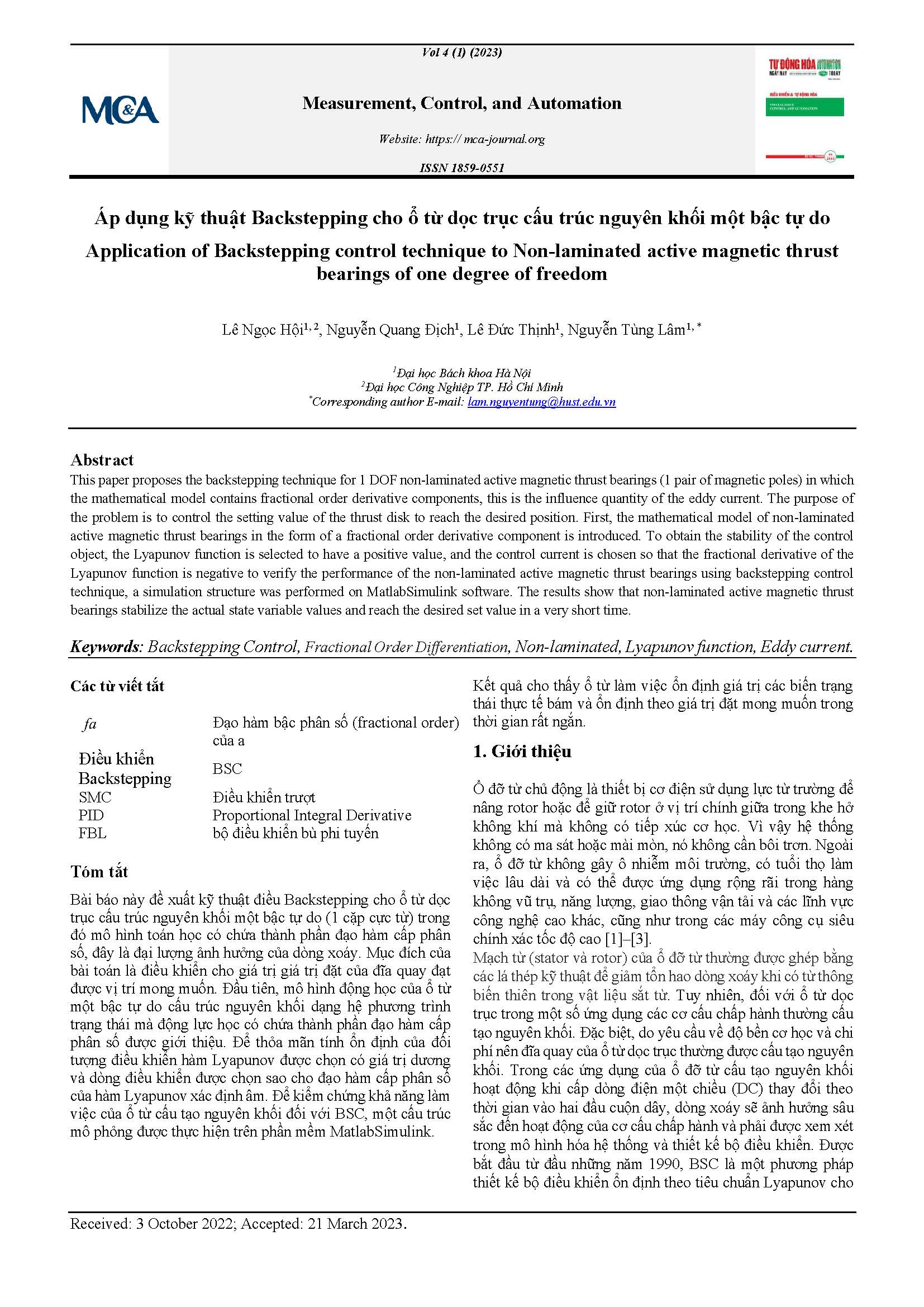 Áp dụng kỹ thuật Backstepping cho ổ từ dọc trục cấu trúc nguyên khối một bậc tự do#Application of Backstepping control technique to Non-laminated active magnetic thrust bearings of one degree of freedom