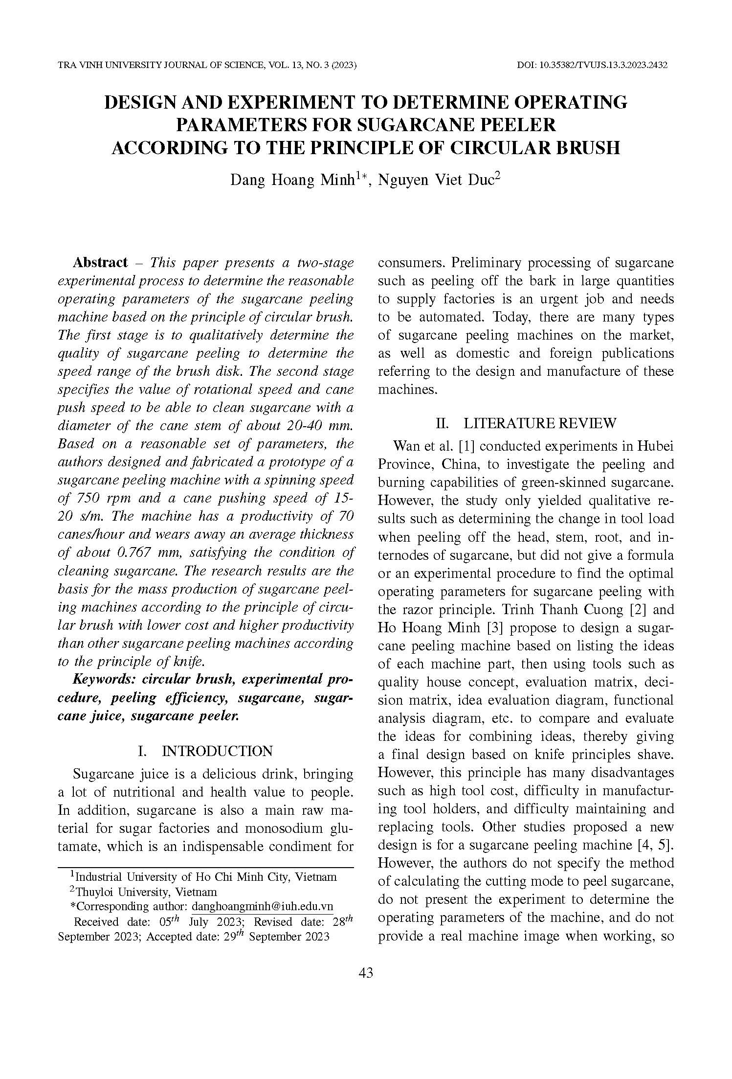 Design and experiment to determine operating parameters for sugarcane peeler according to the principle of circular brush