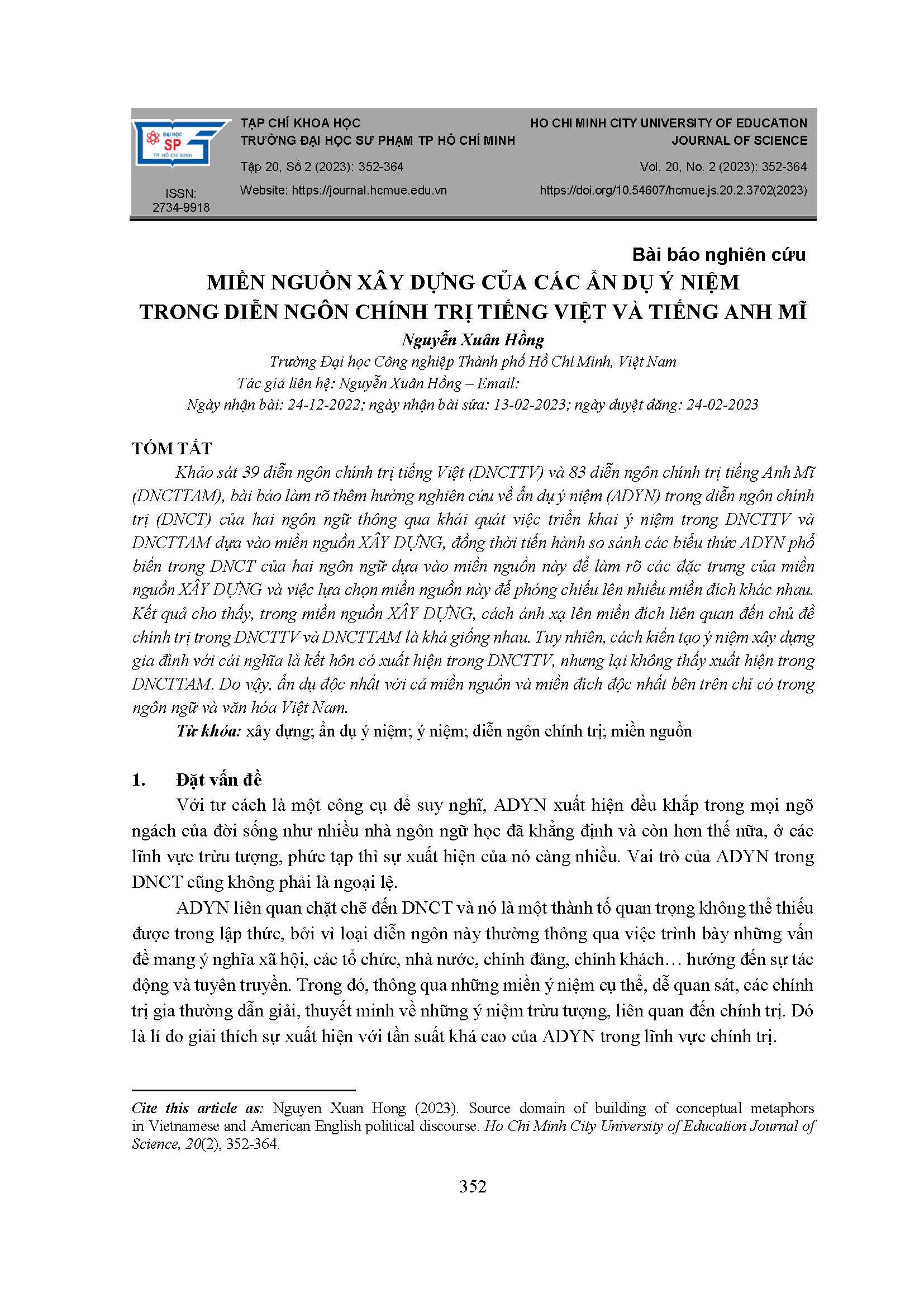 Miền nguồn xây dựng của các ẩn dụ ý niệm trong diễn ngôn chính trị tiếng Việt và tiếng Anh Mĩ