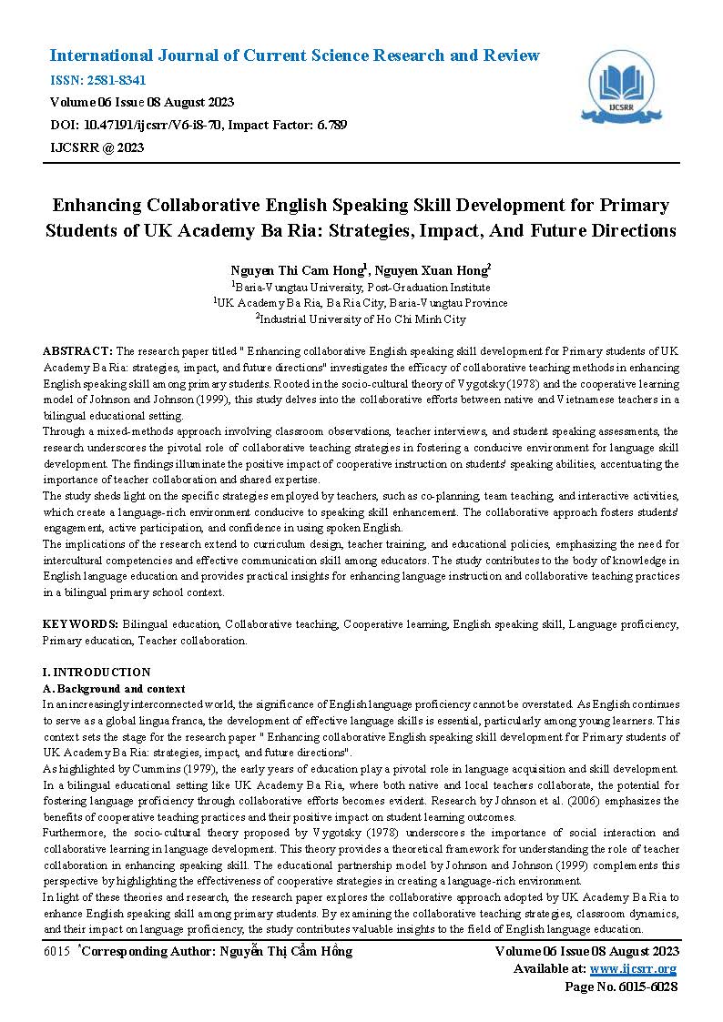 Enhancing Collaborative English Speaking Skill Development for Primary Students of UK Academy Ba Ria: Strategies, Impact, And Future Directions