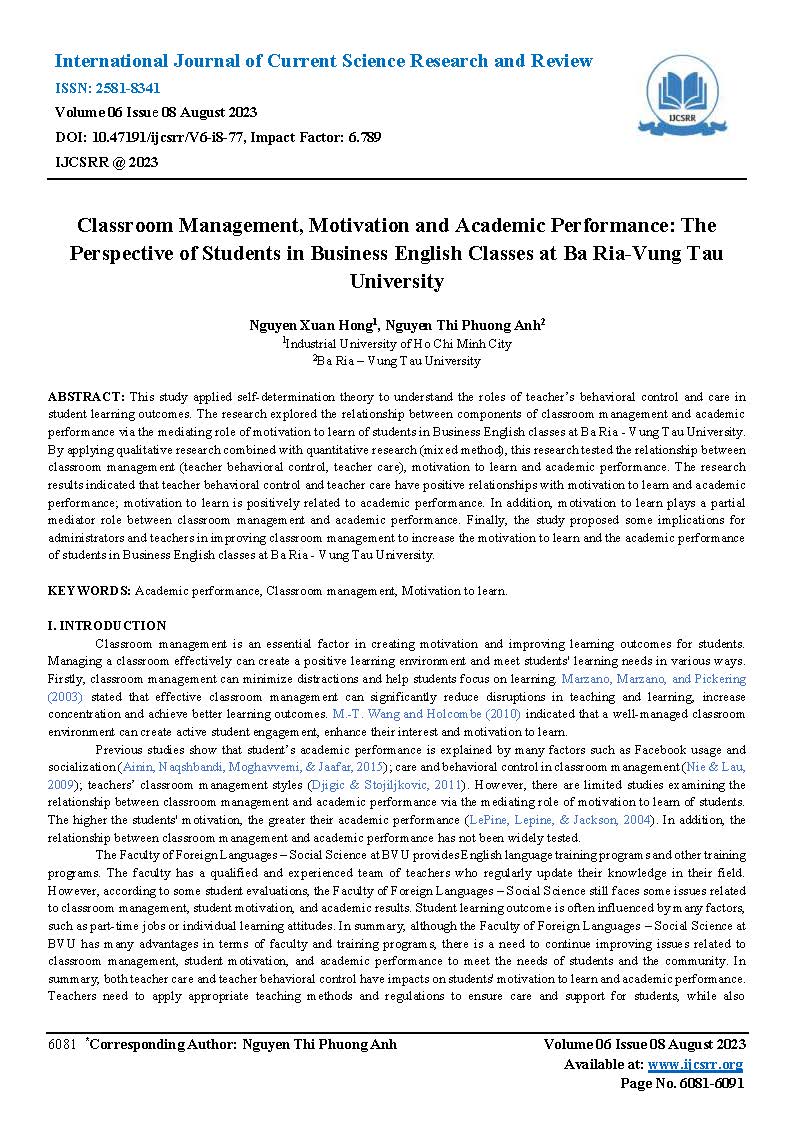 Classroom Management, Motivation and Academic Performance: The Perspective of Students in Business English Classes at Ba Ria-Vung Tau University