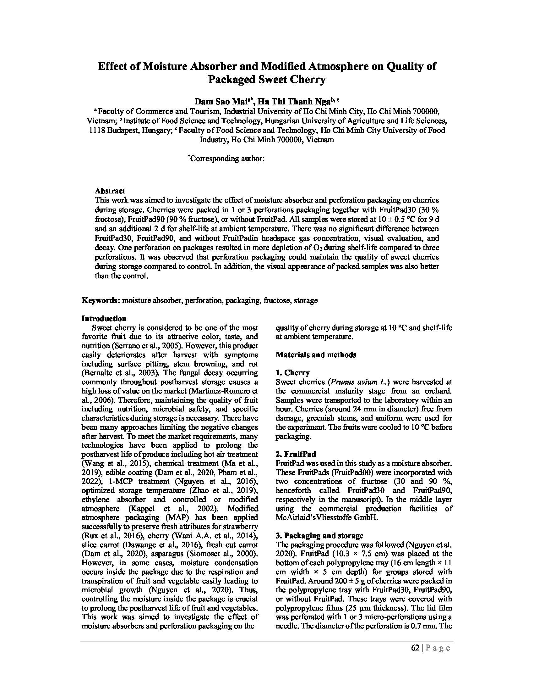 Effect of Moisture Absorber and Modified Atmosphere on Quality of Packaged Sweet Cherry