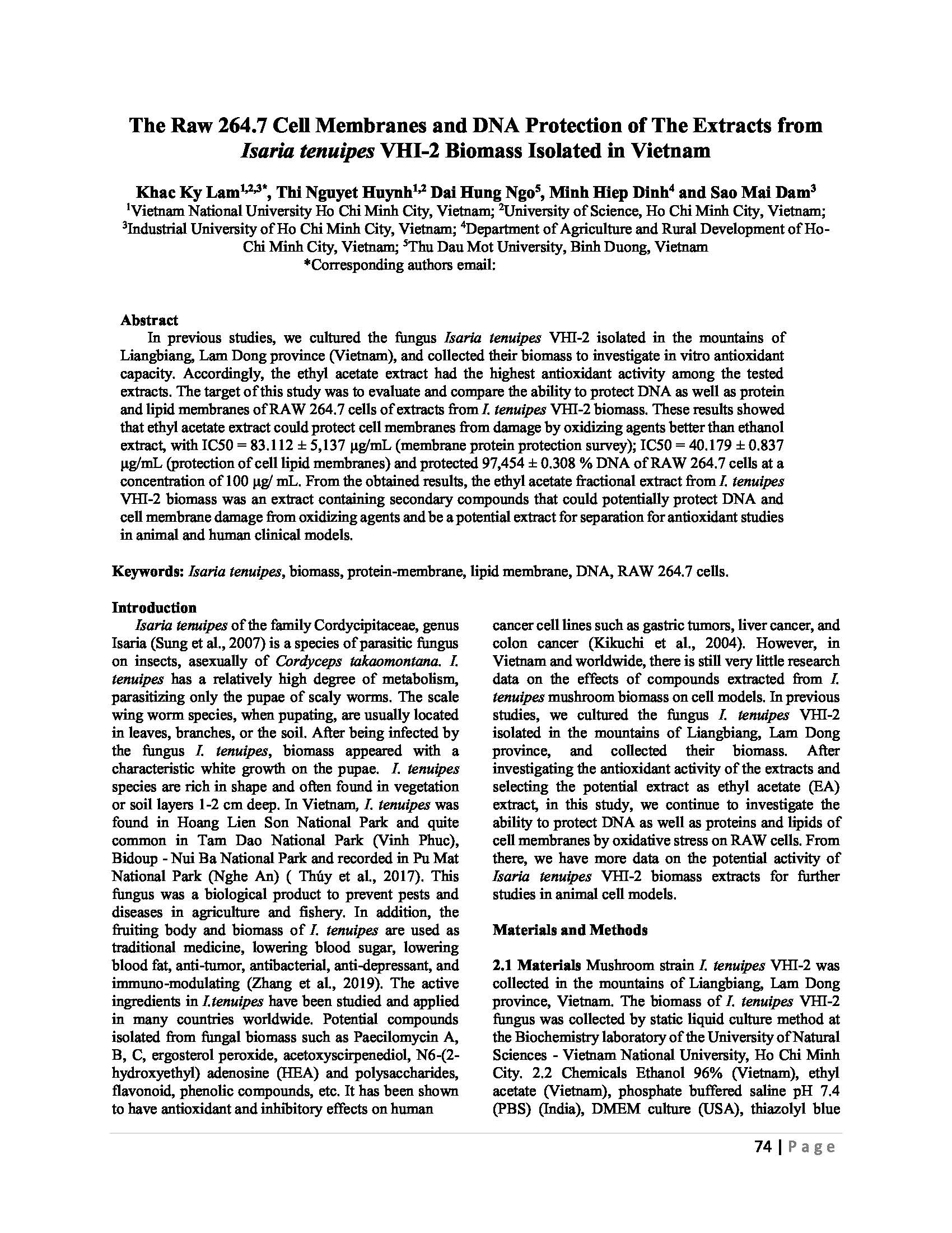 Cell Membranes and DNA Protection of The Extracts from Isaria tenuipes VHI-2 Biomass Isolated in Vietnam