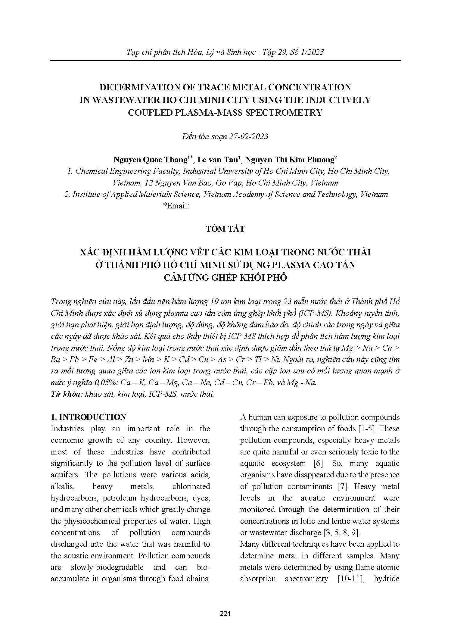 Xác định hàm lượng vết các kim loại trong nước thải ở Thành phố Hồ Chí Minh sử dụng plasma cao tần cảm ứng ghép khối phổ#Determination of trace metal concentration in wastewater ho chi minh city using the inductively coupled plasma-mass spectrometry