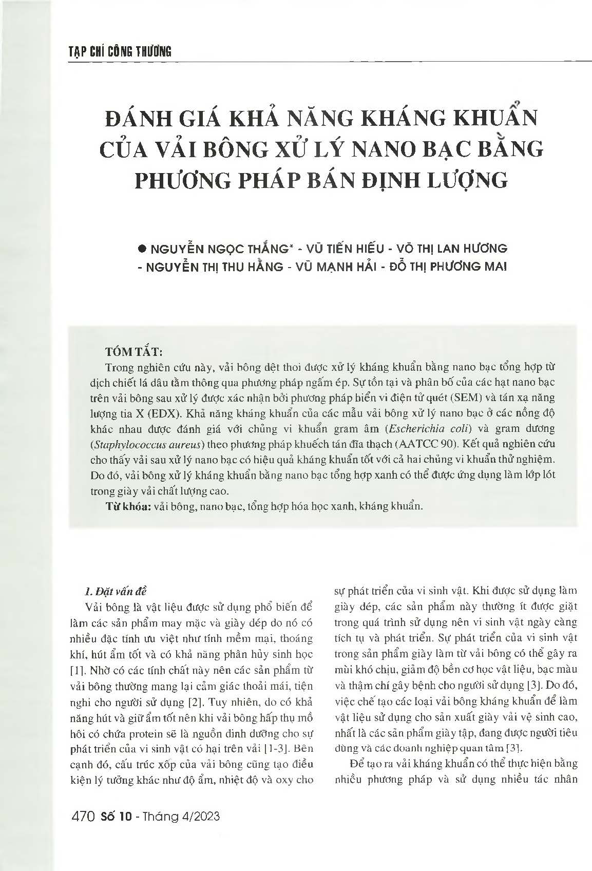 Đánh giá khả năng kháng khuẩn của vải bông xử lý nano bạc bằng phương pháp bán định lượng