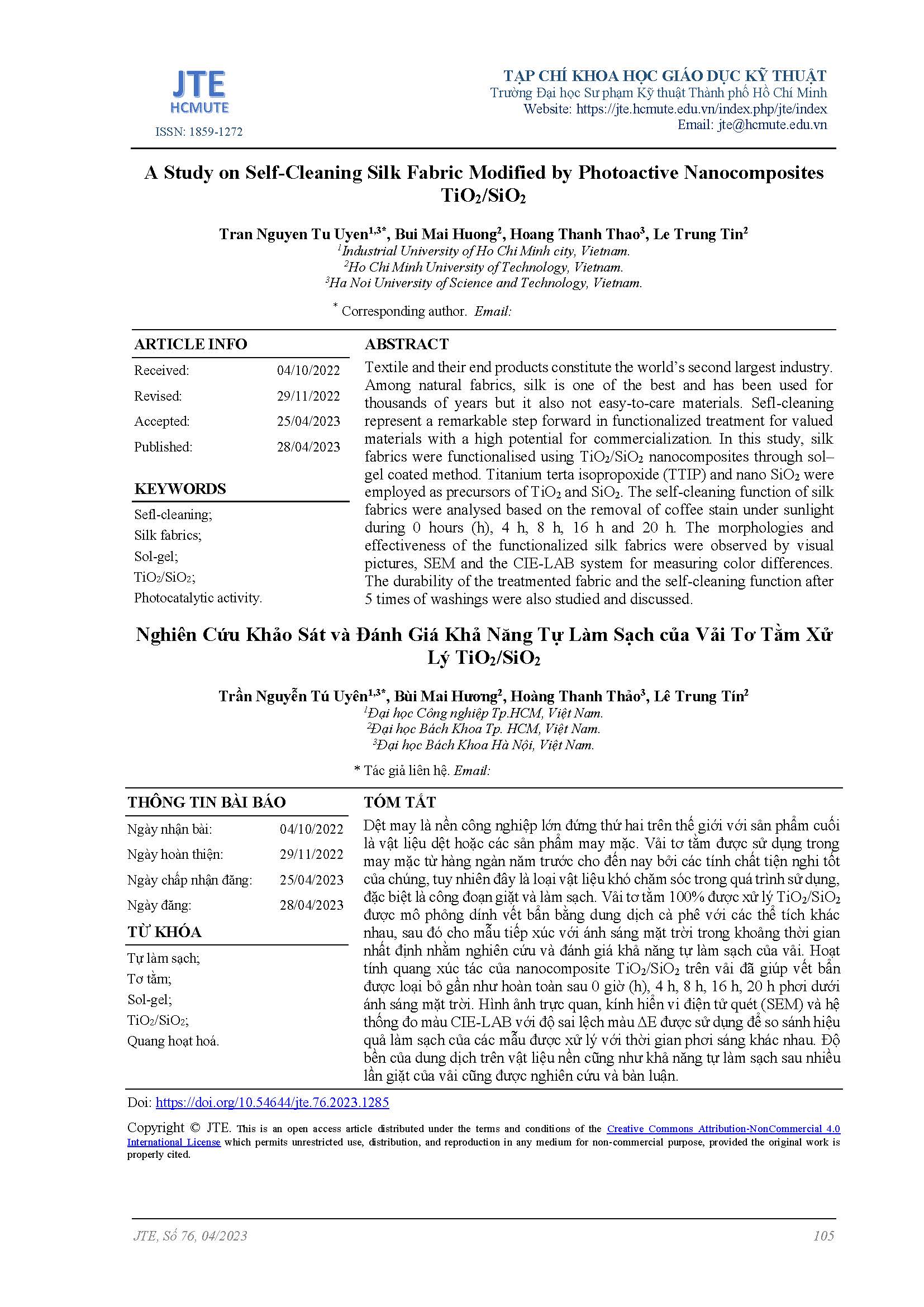 A Study on Self-Cleaning Silk Fabric Modified by Photoactive Nanocomposites TiO2/SiO2