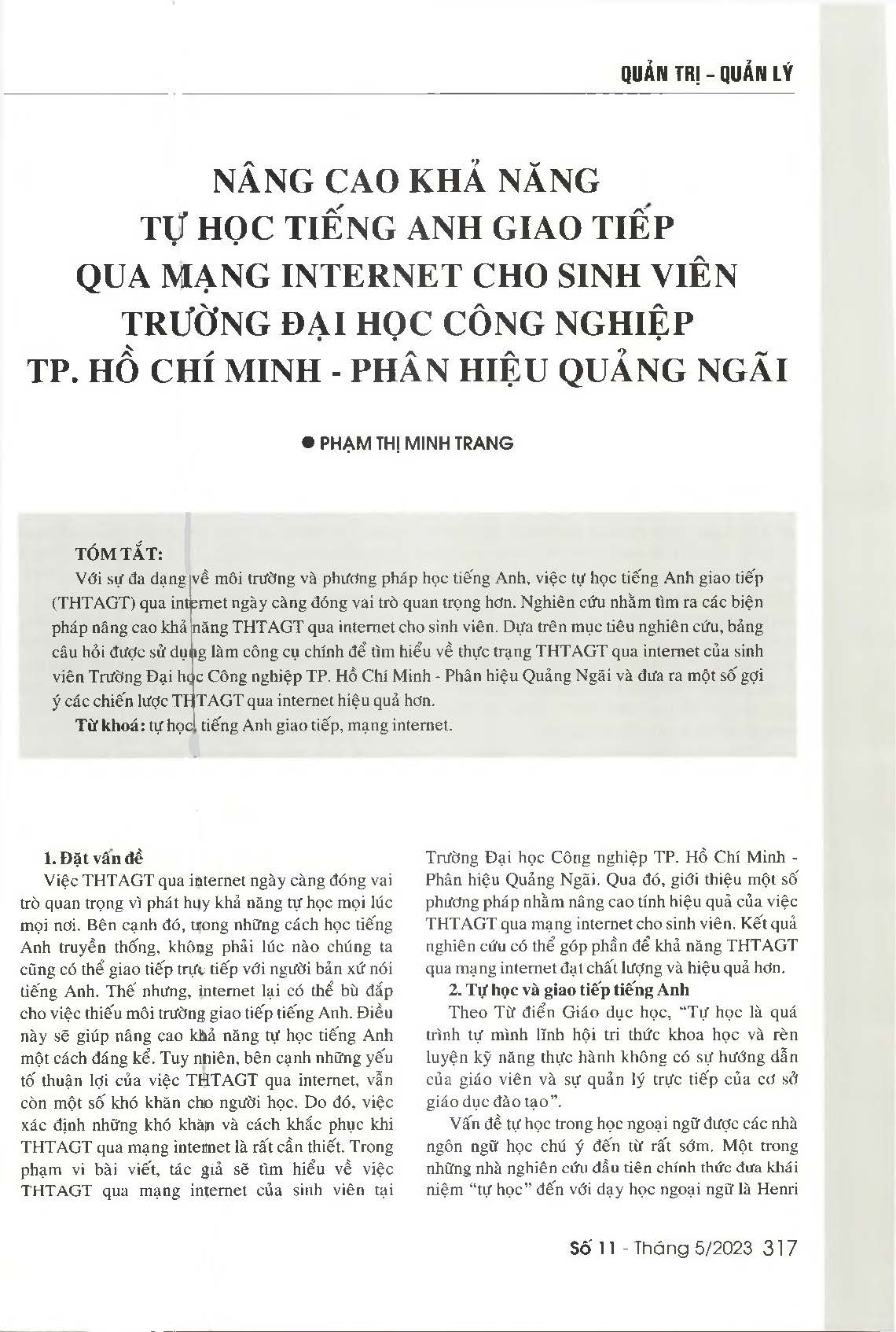 Nâng cao khả năng tự học tiếng anh giao tiếp qua mạng internet cho sinh viên trường Đại học Công nghiệp Tp. Hồ Chí Minh - Phân hiệu Quảng Ngãi