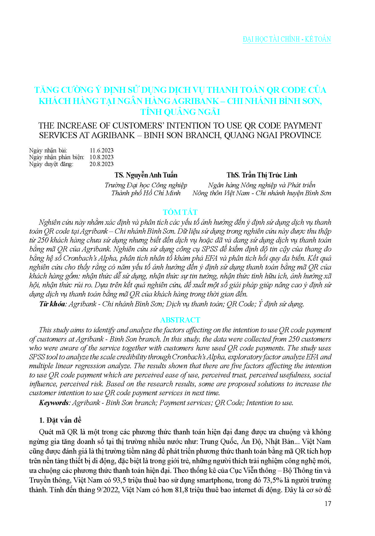 Tăng cường ý định sử dụng dịch vụ thanh toán QR code của khách hàng tại ngân hàng agribank – chi nhánh Bình Sơn, tỉnh Quảng Ngãi#The increase of customers’ intention to use QR code payment services at agribank – Binh Son branch, Quang Ngai province