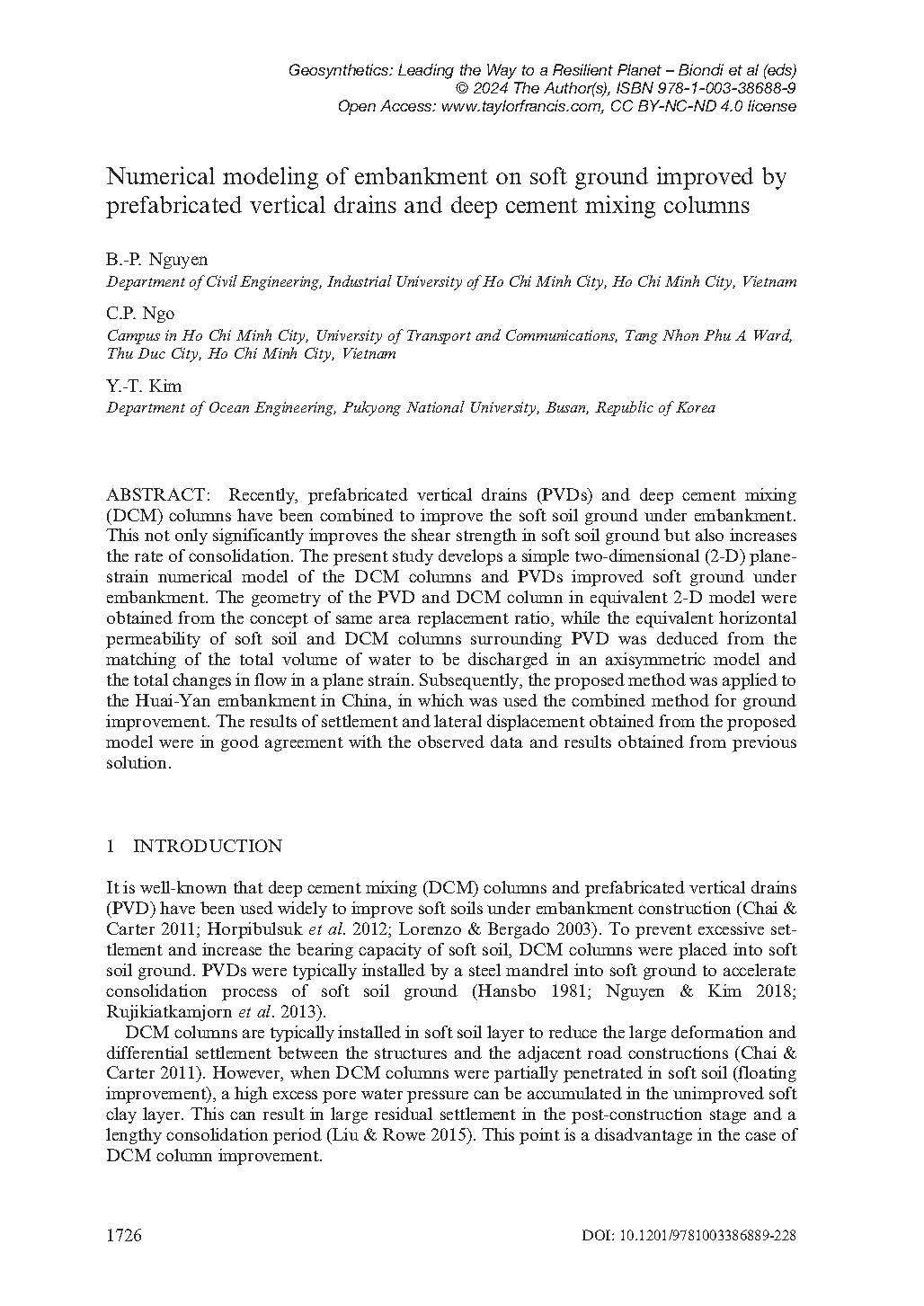 Numerical modeling of embankment on soft ground improved by prefabricated vertical drains and deep cement mixing columns