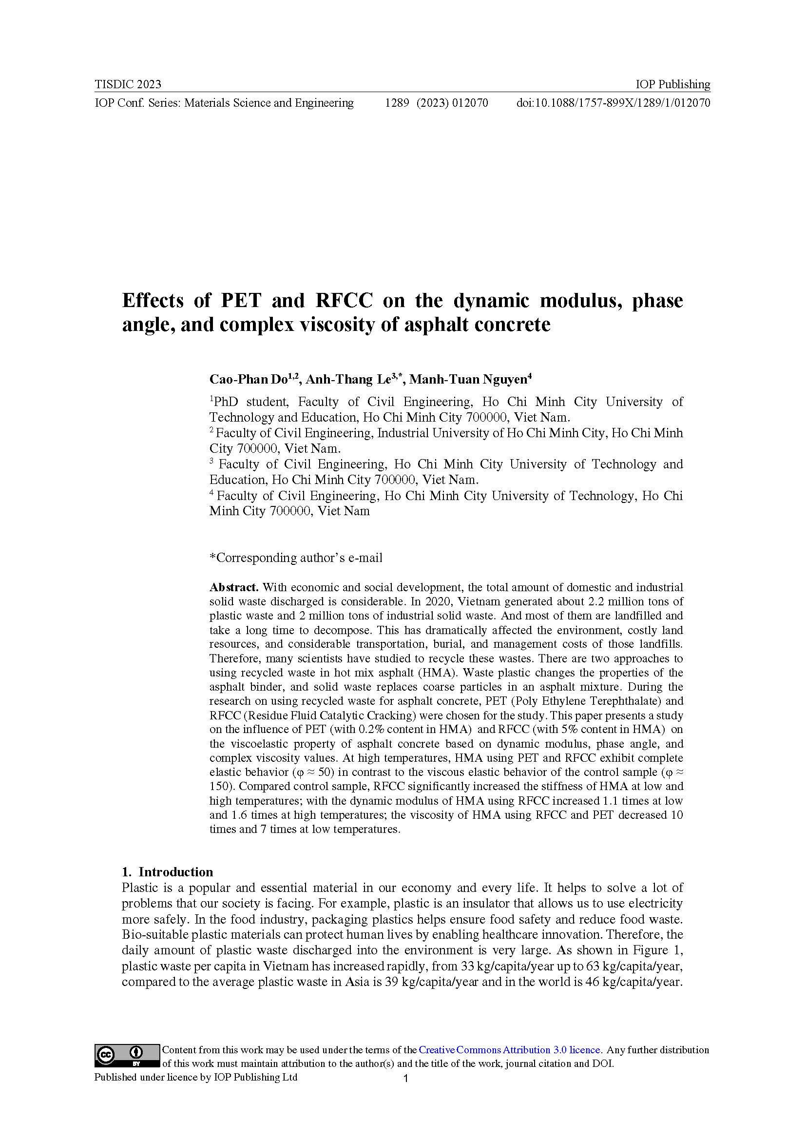 Effects of PET and RFCC on the dynamic modulus, phase angle, and complex viscosity of asphalt concrete