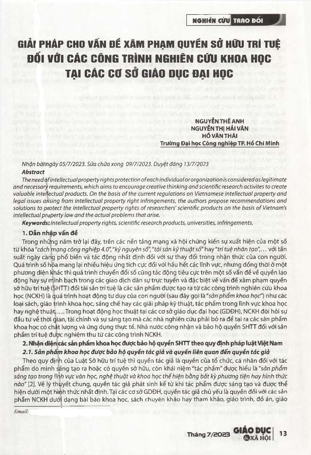Giải pháp cho vấn đề xâm phạm quyển sở hữu trí tuệ đối với các công trình nghiên cứu khoa học tại các cơ sở giáo dục đại học