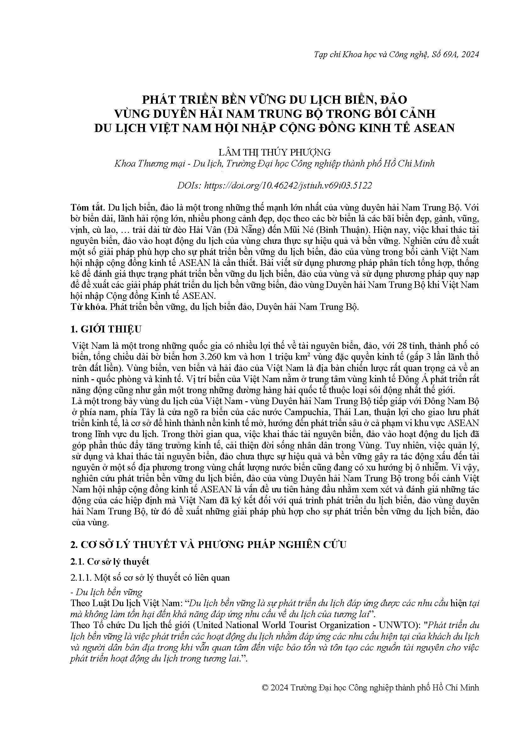 Phát triển bền vững du lịch biển, đảo vùng Duyên hải Nam Trung Bộ trong bối cảnh du lịch Việt Nam hội nhập cộng đồng kinh tế Asean