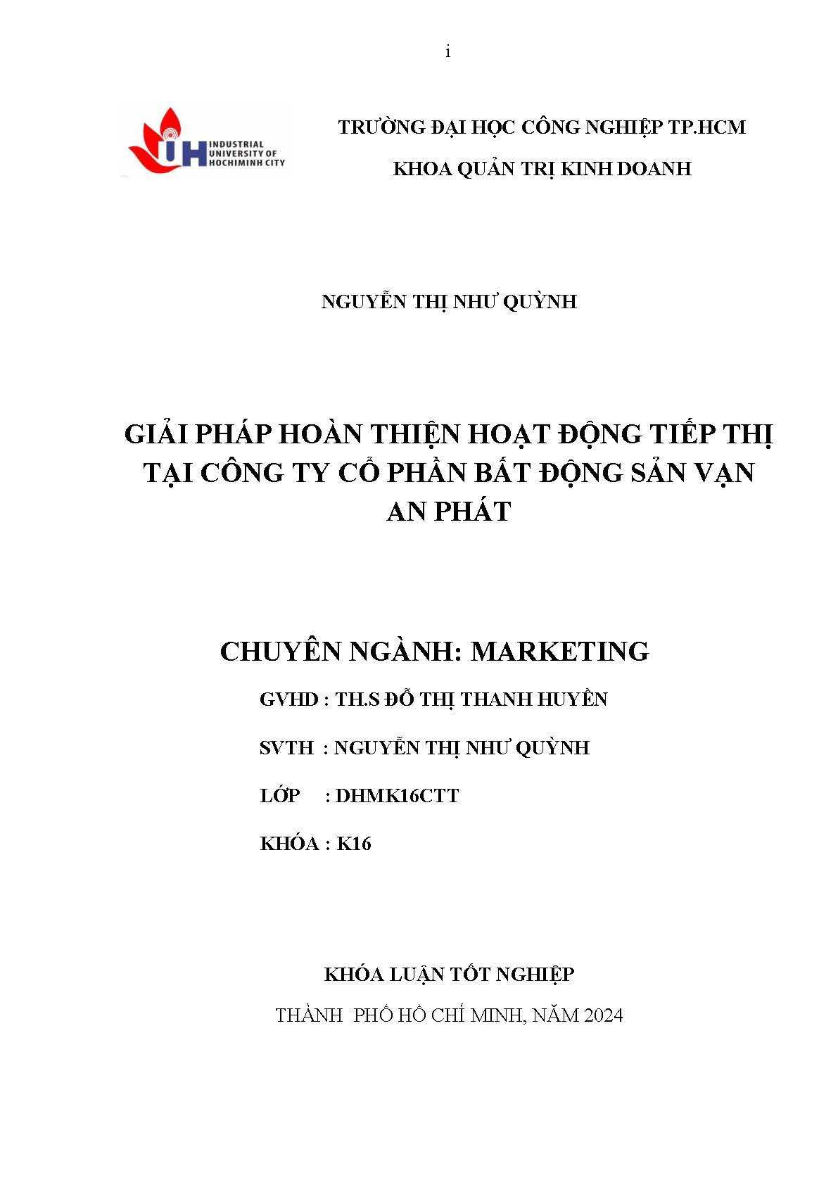 Giải pháp hoàn thiện hoạt động tiếp thị tại công ty cổ phần bất động sản Vạn An Phát: Khóa luận tốt nghiệp khoa Quản trị Kinh doanh - Chuyên ngành: Marketing