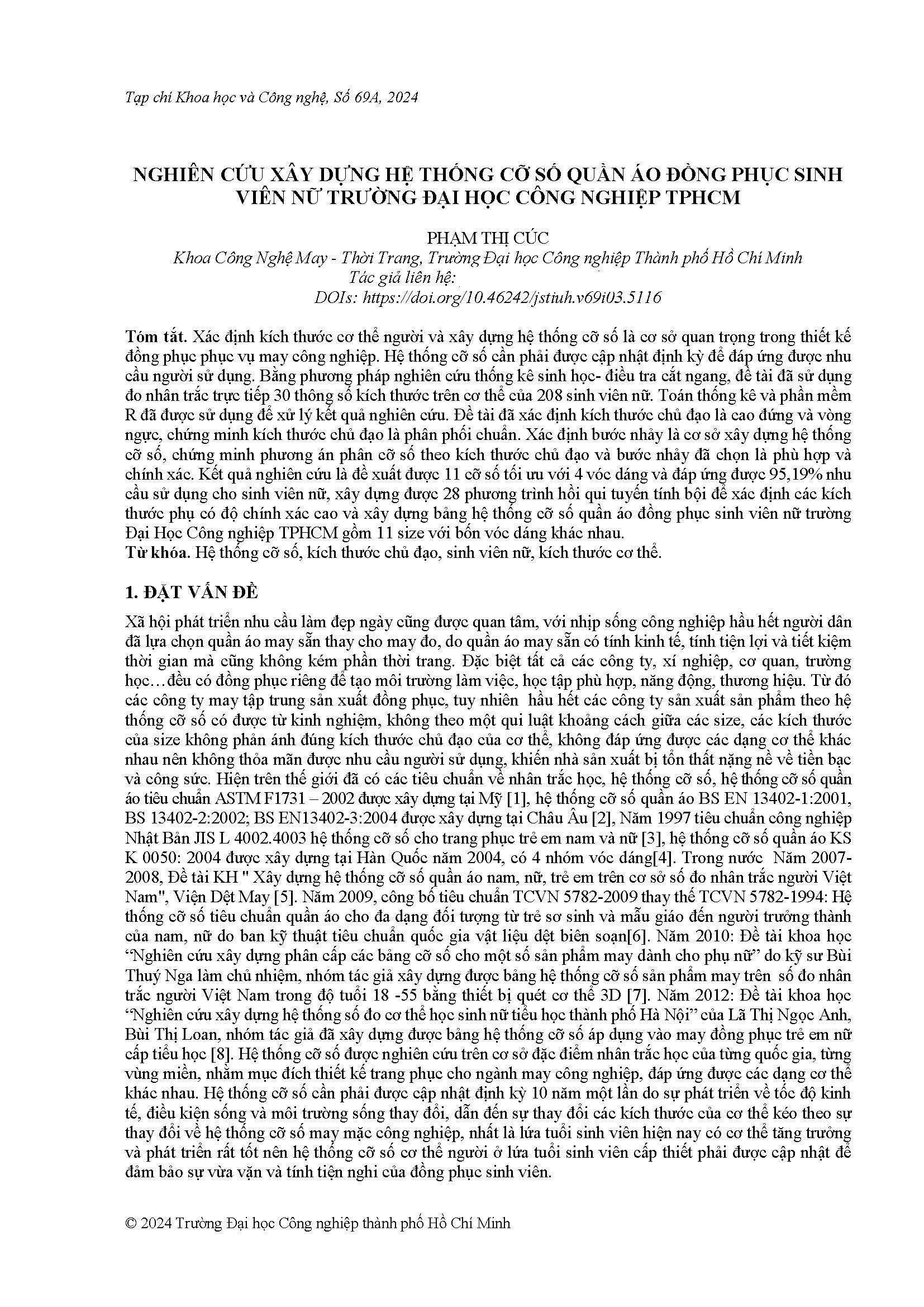 Nghiên cứu xây dựng hệ thống cỡ số quần áo đồng phục sinh viên nữ Trường Đại học Công nghiệp Tphcm