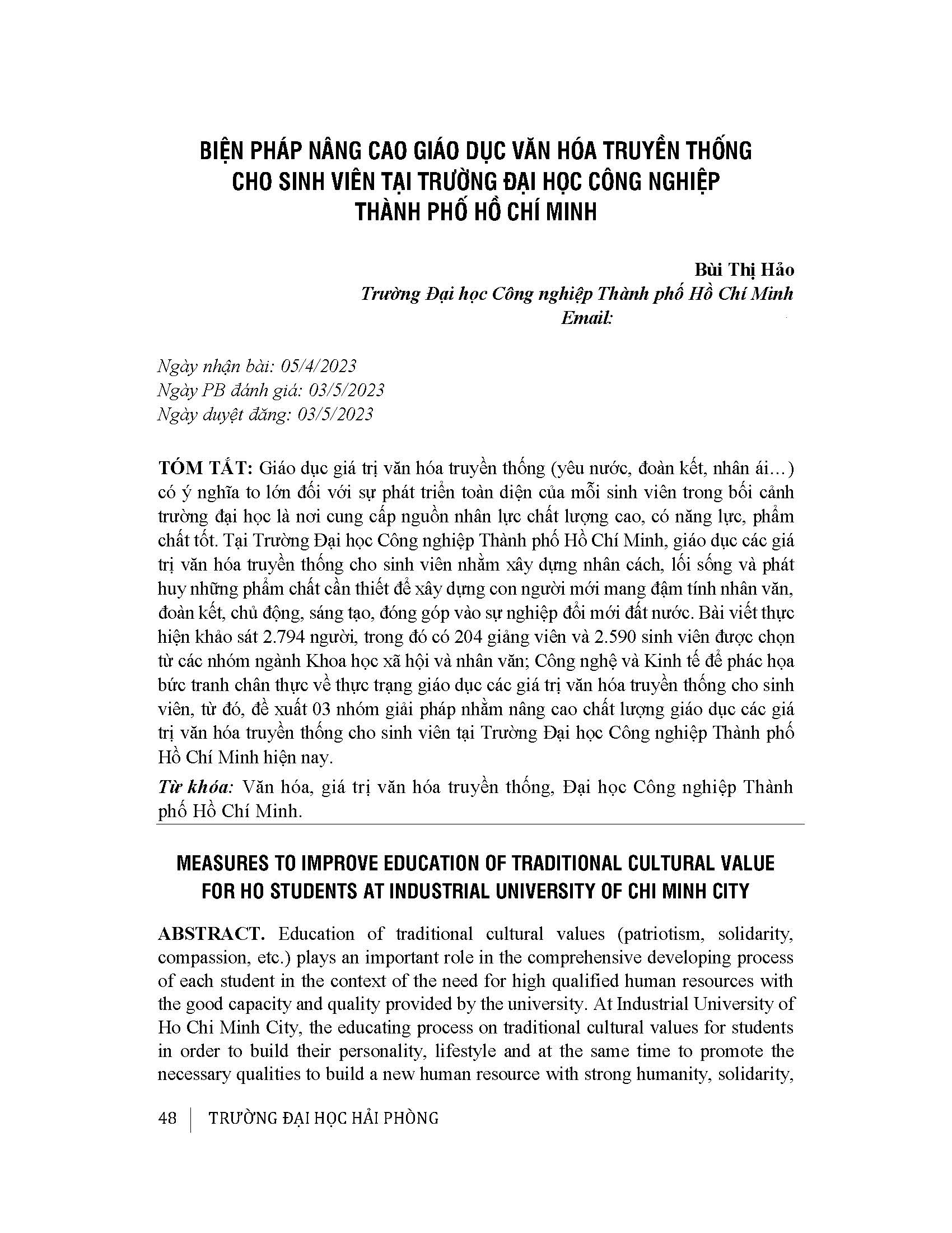 Biện pháp nâng cao giáo dục văn hóa truyền thống cho sinh viên tại trường Đại học Công nghiệp Thành phố Hồ Chí Minh