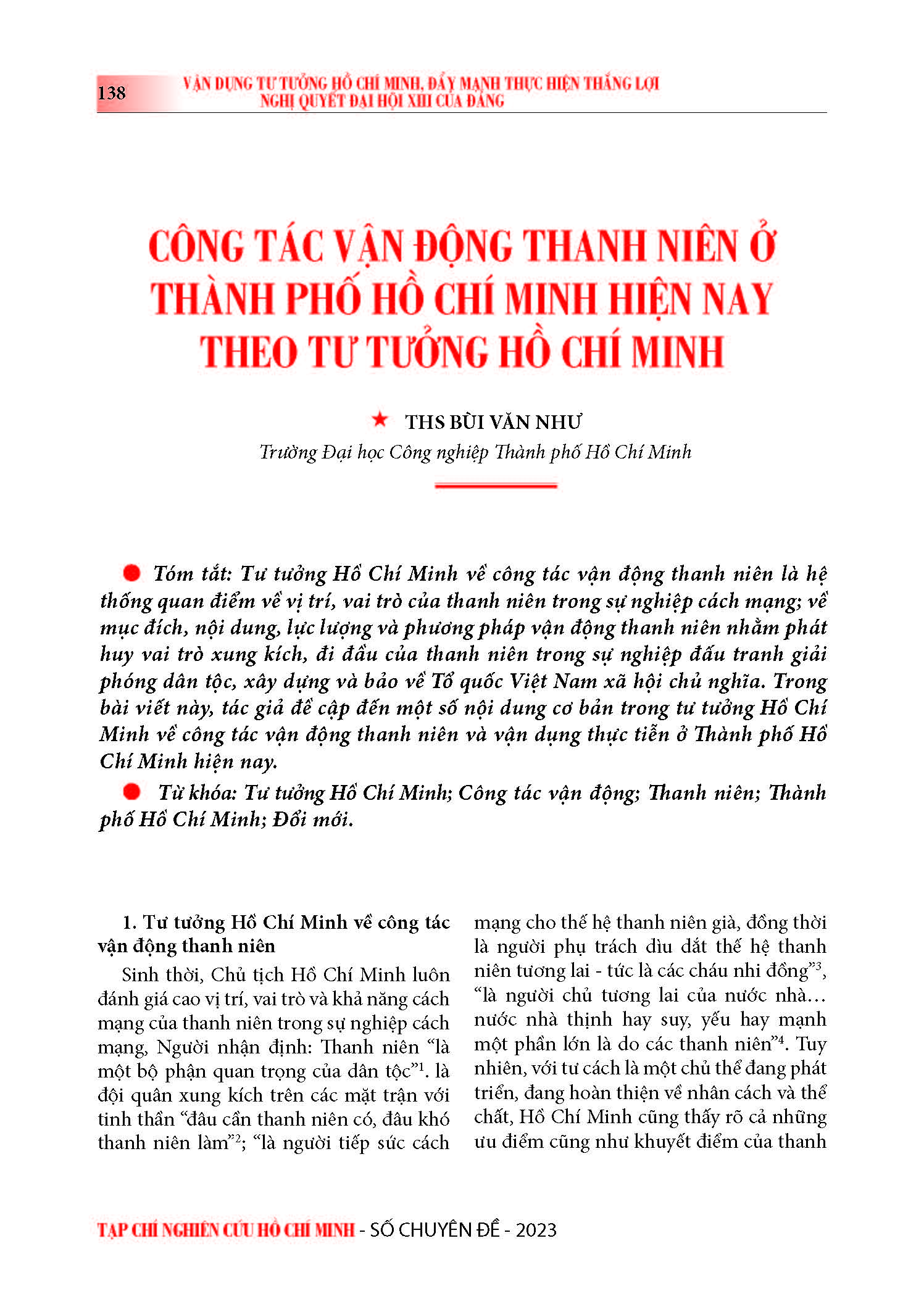 Công tác vận động thanh niên ở Thành phố Hồ Chí Minh hiện nay theo tư tưởng Hồ Chí Minh