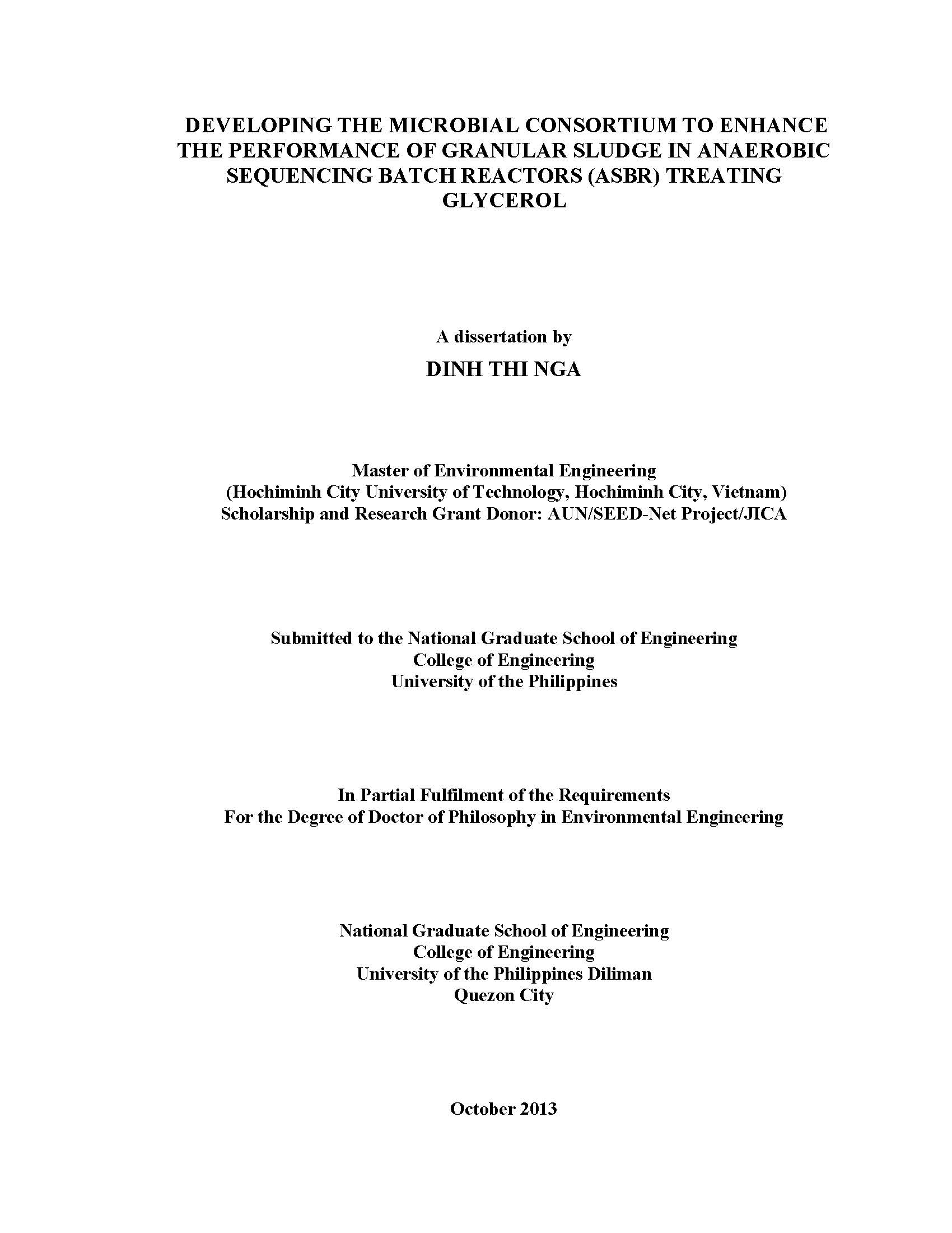 Developing the microbial consortium to enhance the performance of granular sludge in anaerobic sequencing batch reactors (ASBR) treating glycerol: Doctor of philosophy - Major: Environmental engineering