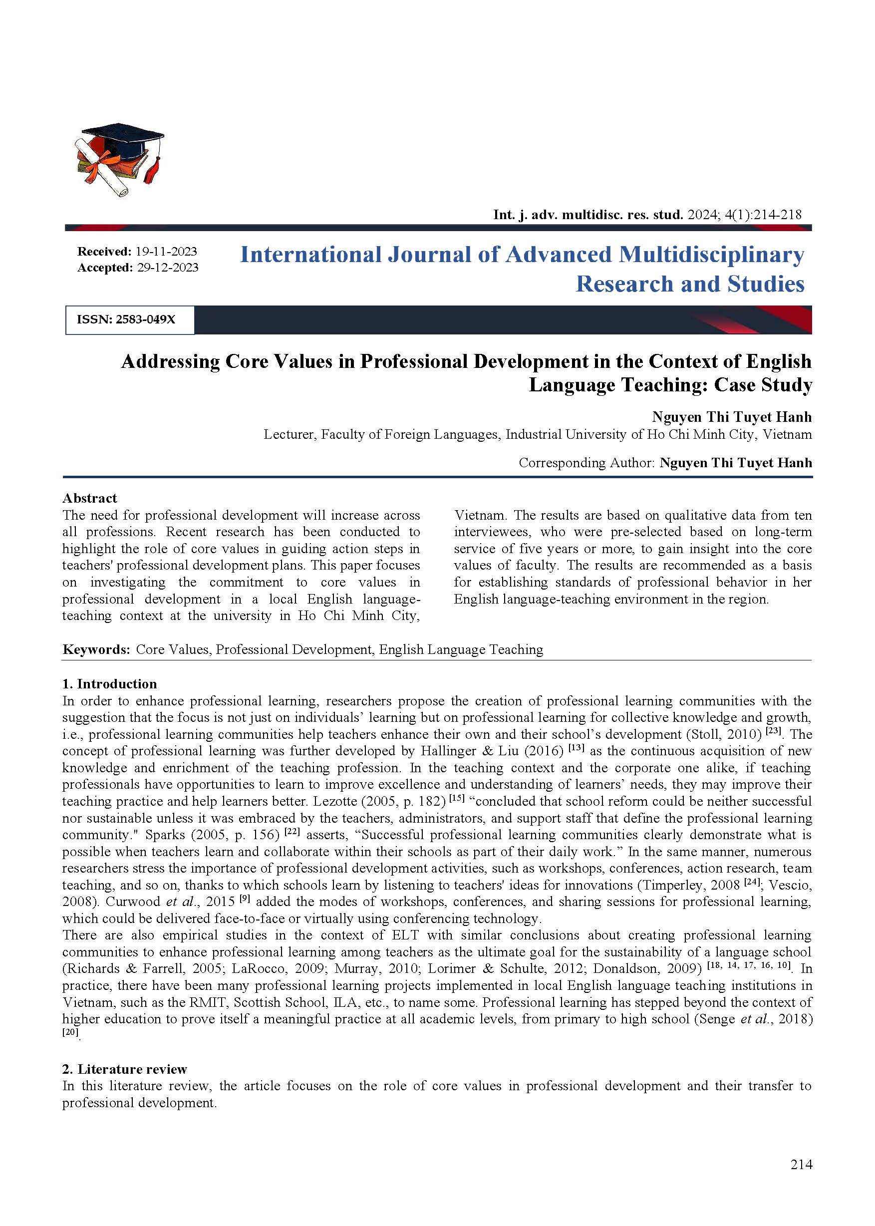 Addressing Core Values in Professional Development in the Context of English Language Teaching: Case Study