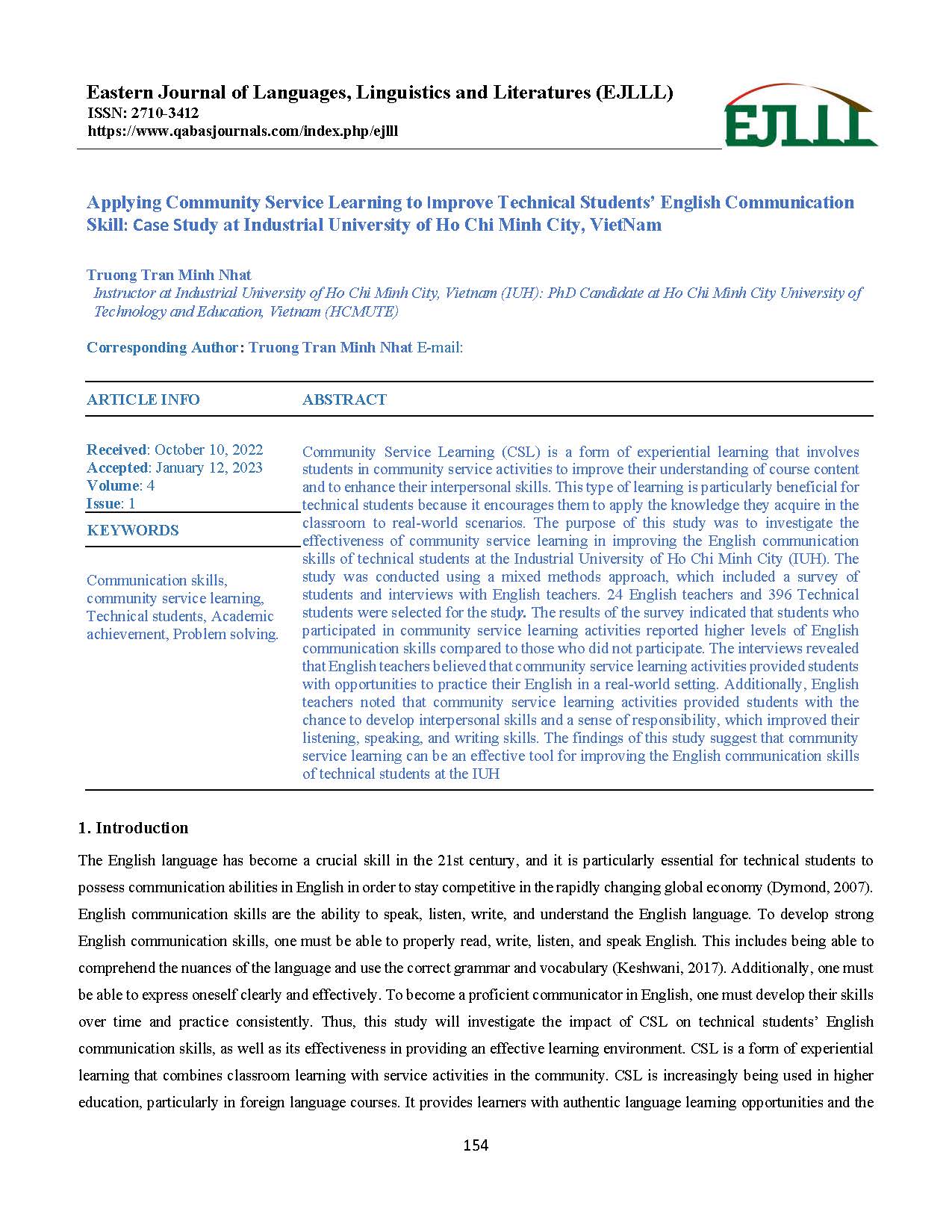 Applying Community Service Learning to Improve Technical Students’ English Communication Skill: Case Study at Industrial University of Ho Chi Minh City, Viet Nam