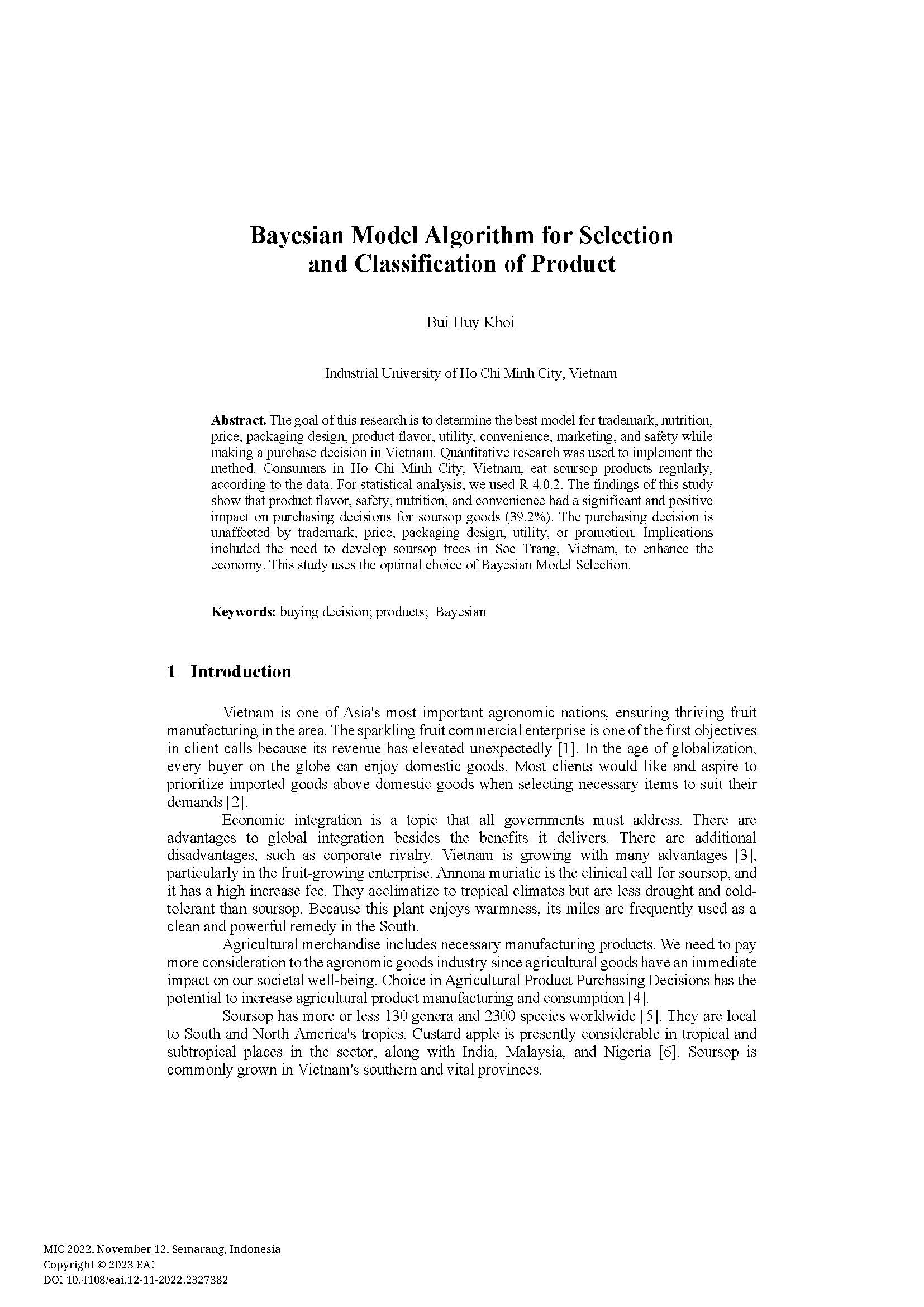 Bayesian Model Algorithm for Selection and Classification of Product