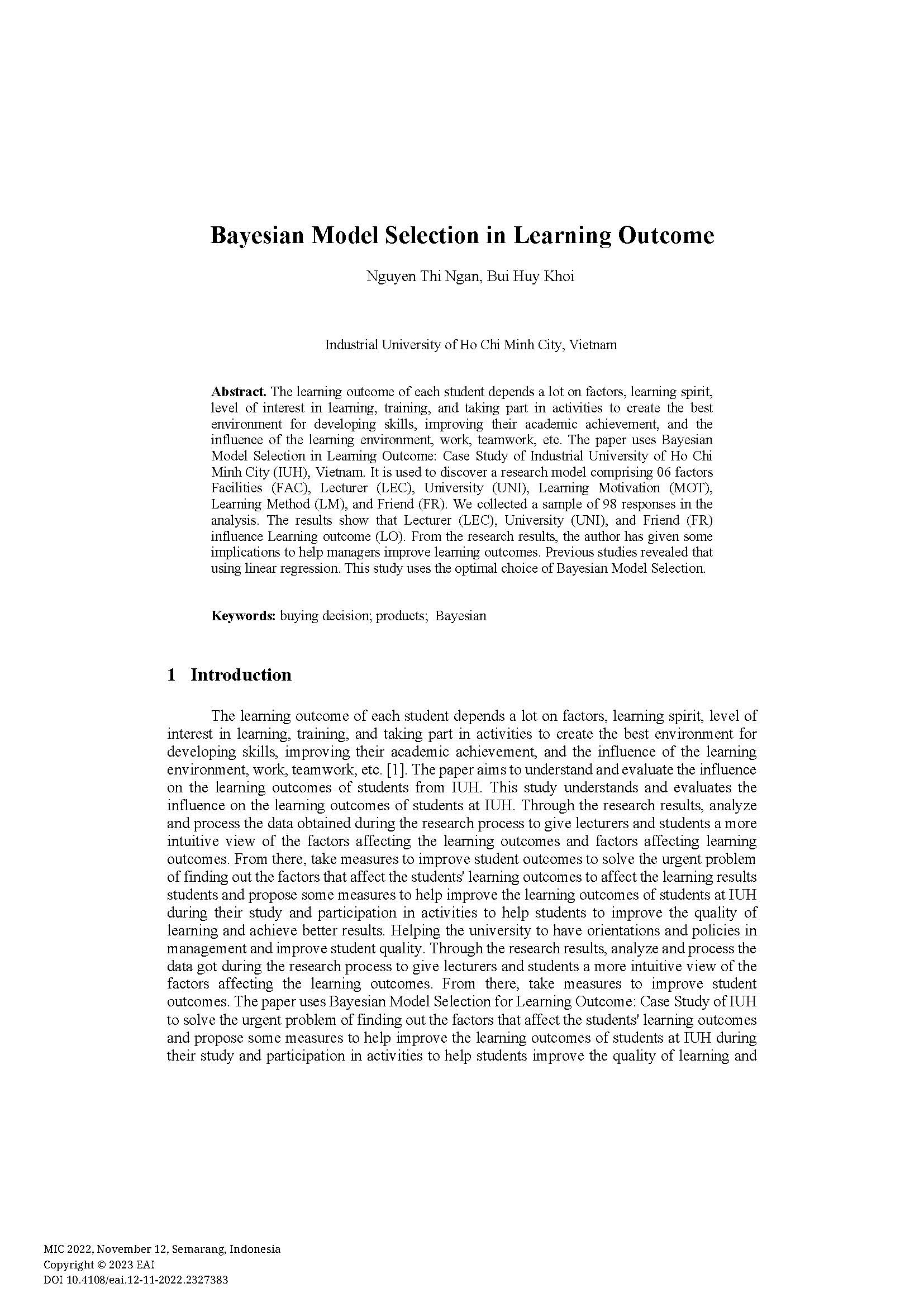 Bayesian Model Selection in Learning Outcome