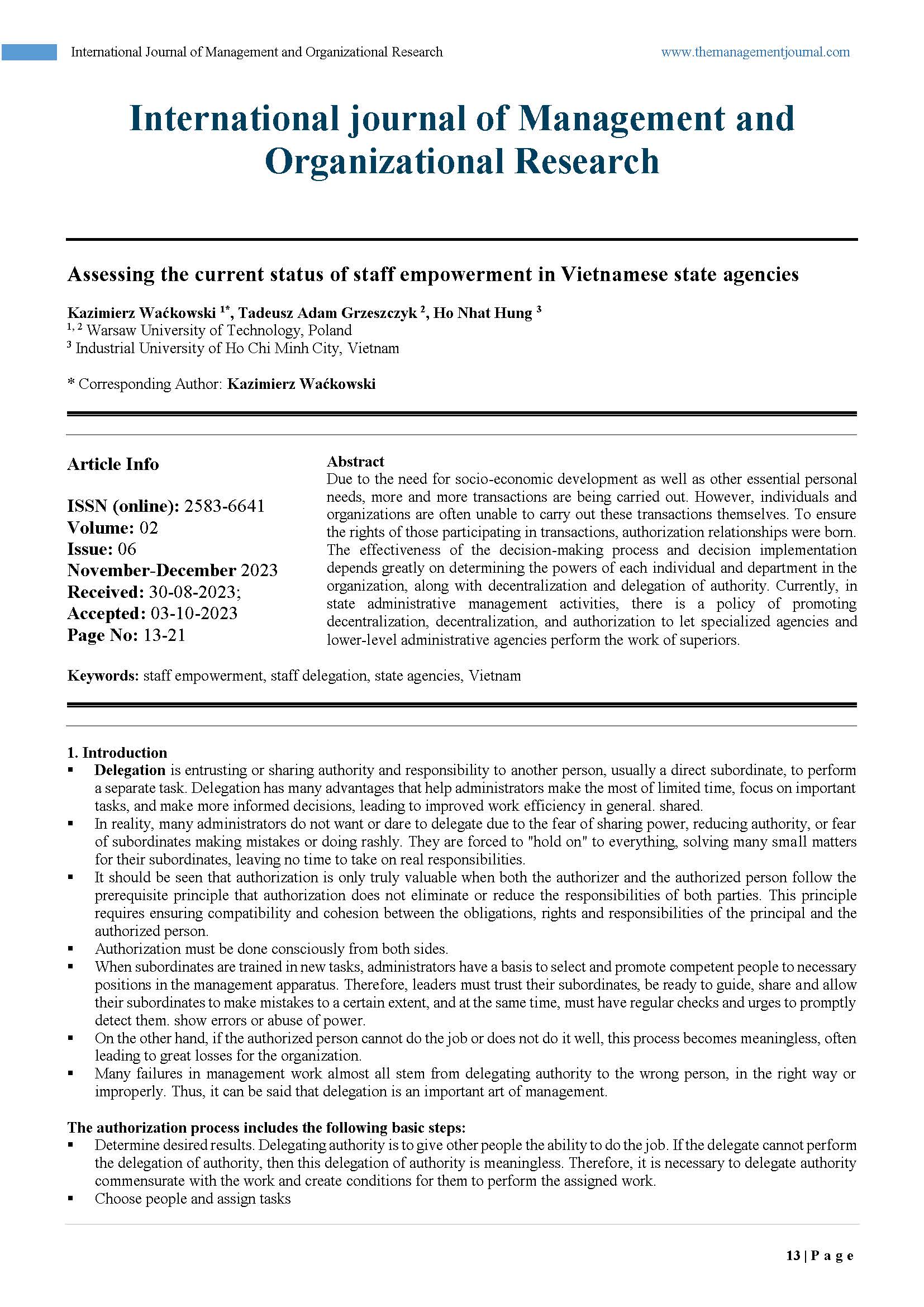 Assessing the current status of staff empowerment in Vietnamese state agencies