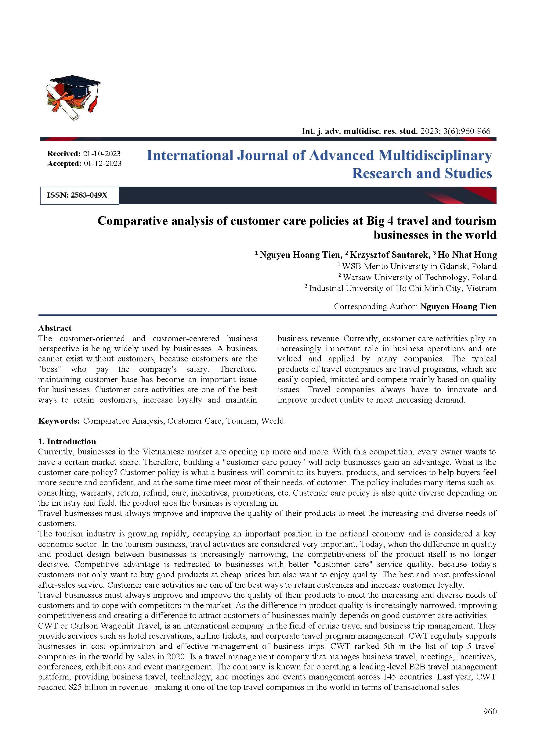 Comparative analysis of customer care policies at Big 4 travel and tourism businesses in the world