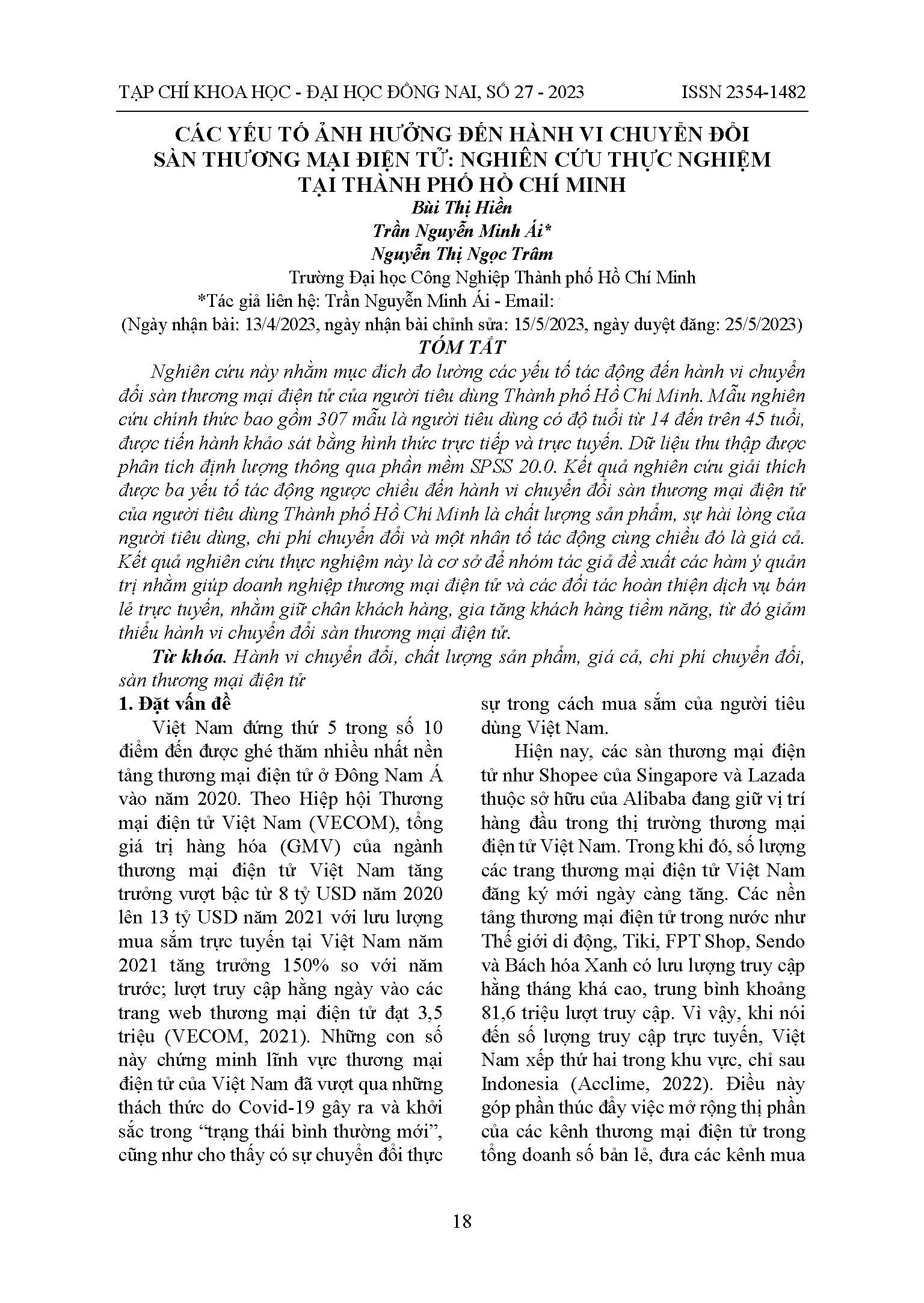 Các yếu tố ảnh hưởng đến hành vi chuyển đổi sàn thương mại điện tử: Nghiên cứu thực nghiệm tại Thành phố Hồ Chí Minh
