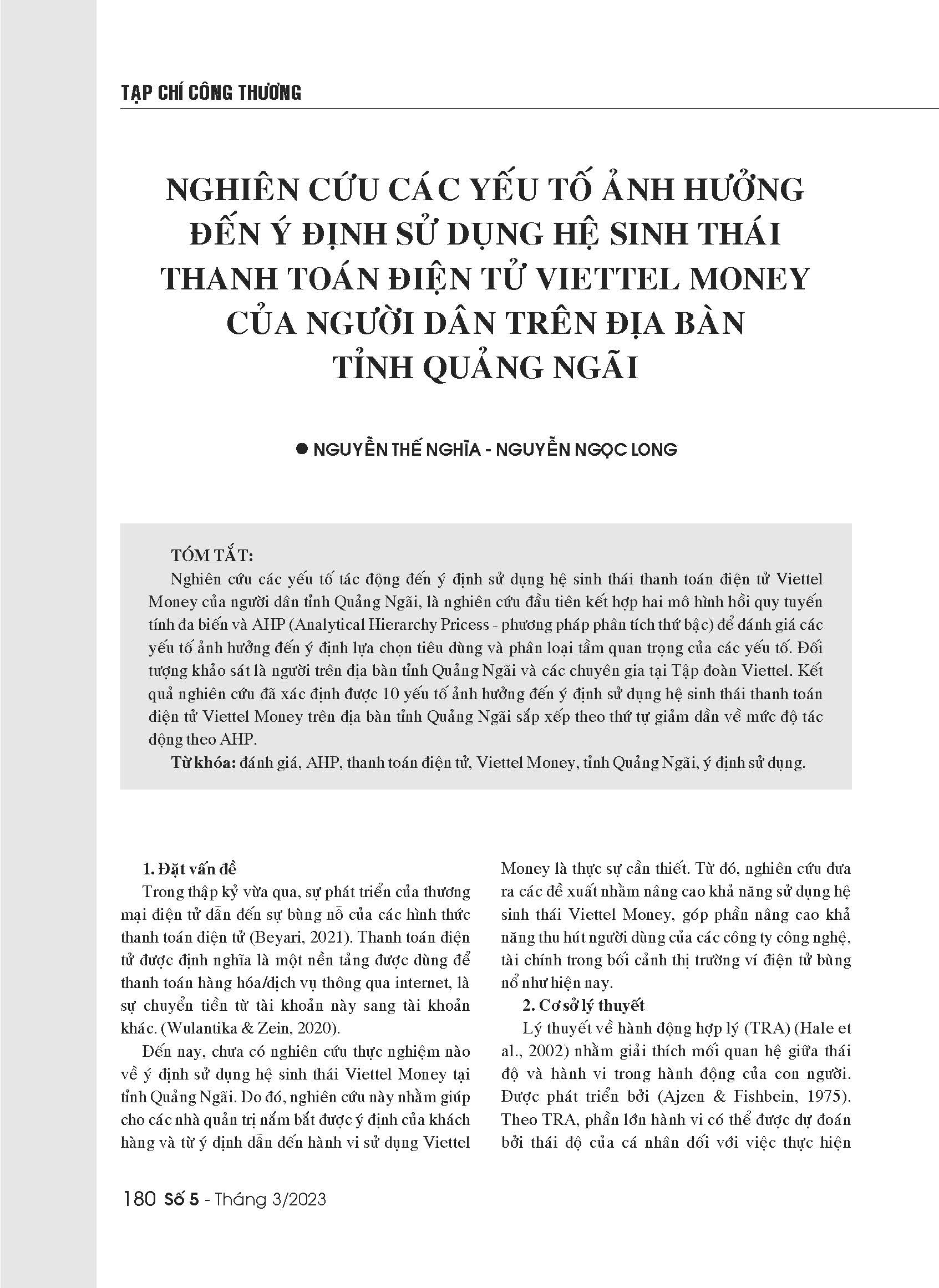 Nghiên cứu các yếu tố ảnh hưởng đến ý định sử dụng hệ sinh thái thanh toán điện tử Viettel Money của người dân trên địa bàn tỉnh Quảng Ngãi