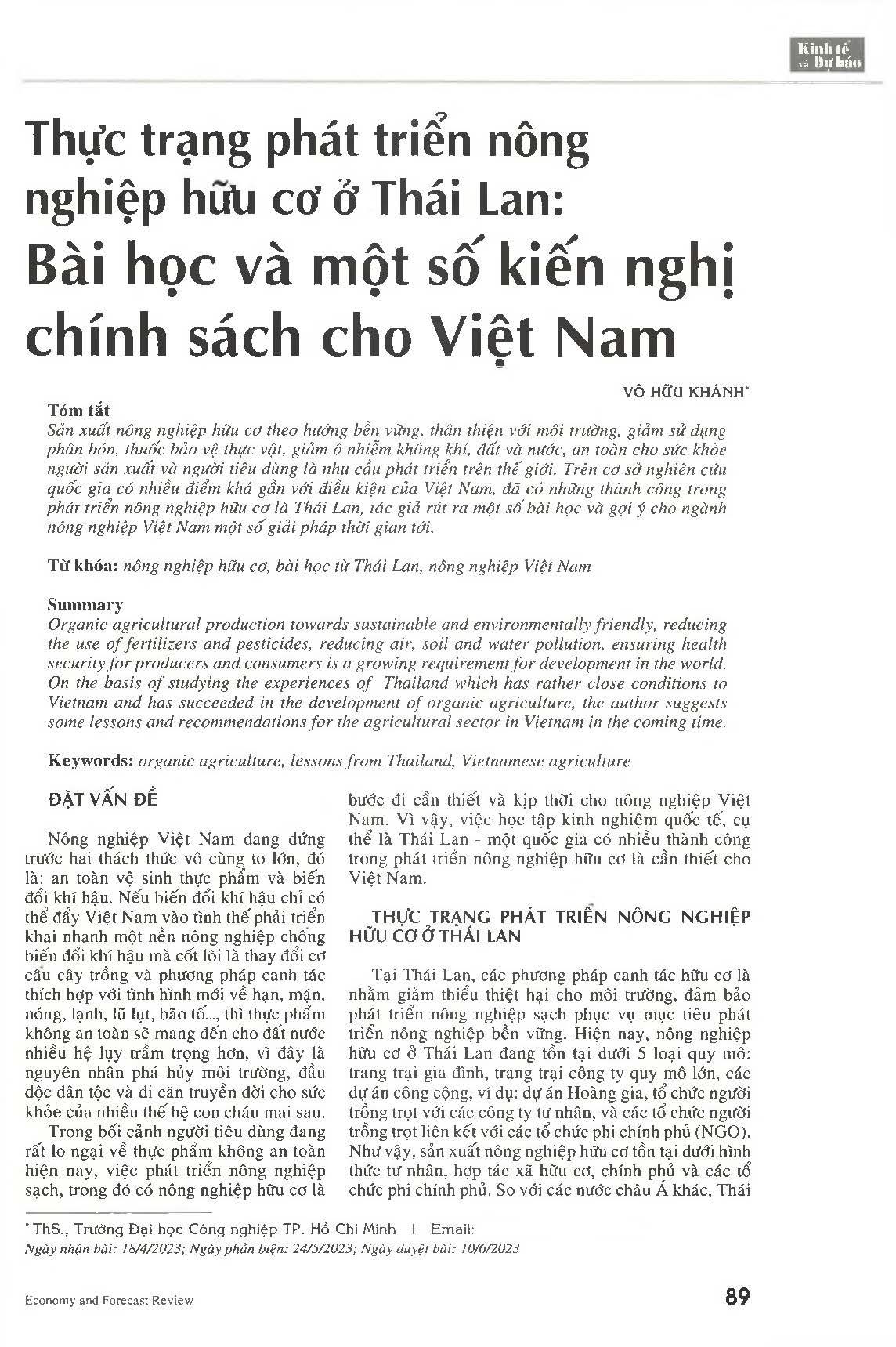 Thực trạng phát triển nông nghiệp hữu cơ ở Thái Lan: Bài học và một số kiến nghị chính sách cho Việt Nam