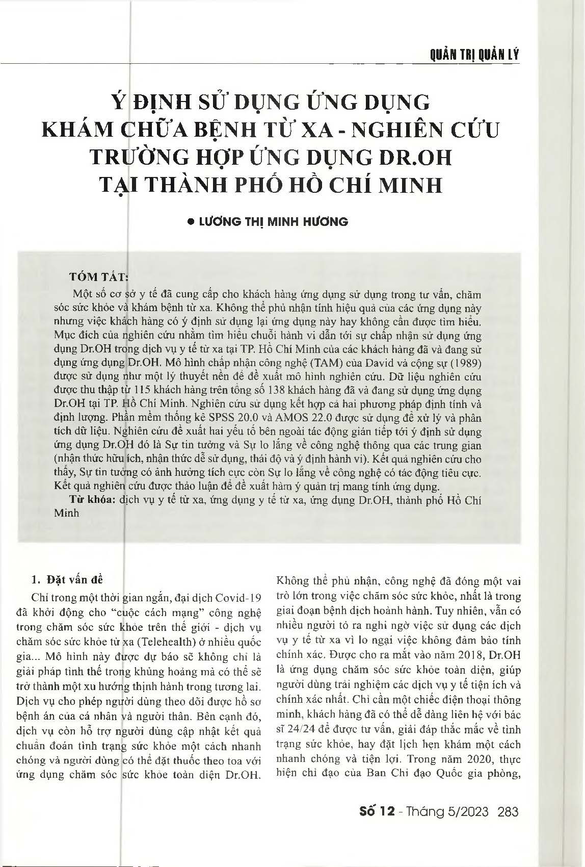 Ý định sử dụng ứng dụng khám chữa bệnh từ xa - Nghiên cứu trường hợp ứng dụng Dr.Oh tại Thành phố Hồ Chí Minh