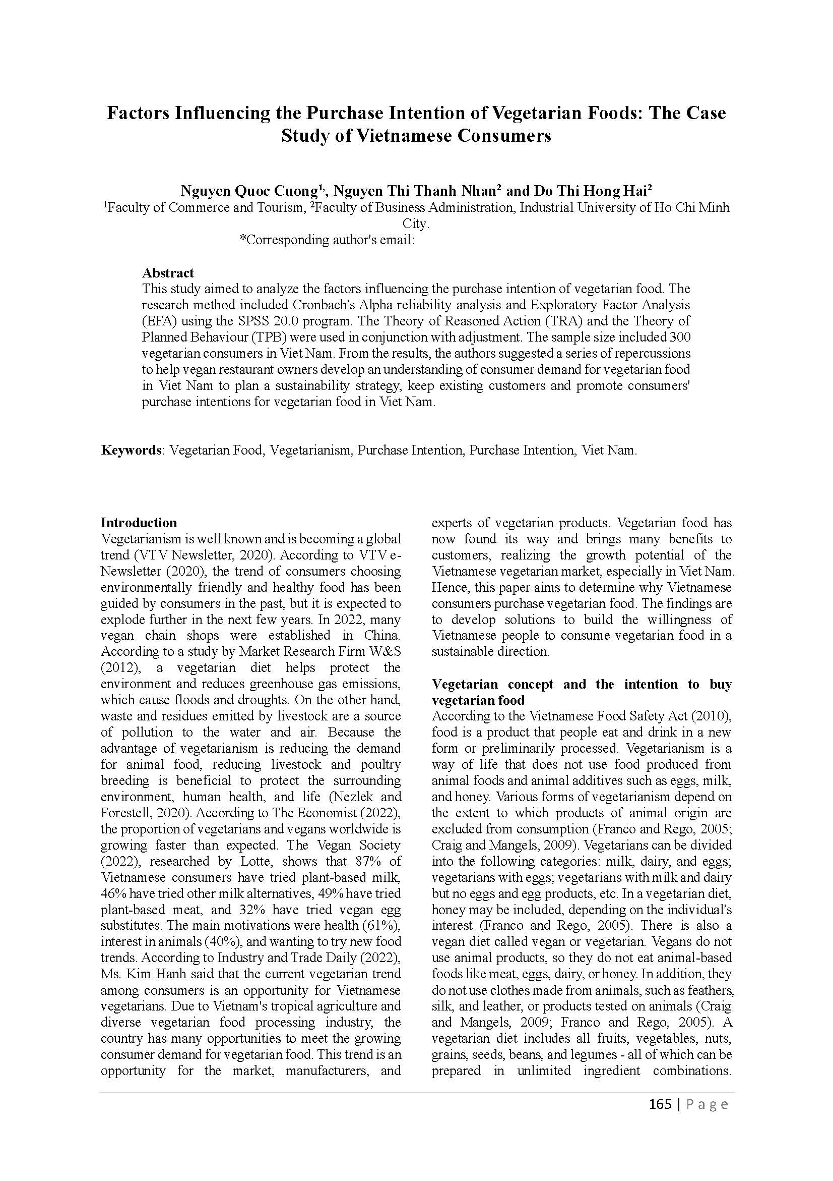 Factors Influencing the Purchase Intention of Vegetarian Foods: The Case Study of Vietnamese Consumers