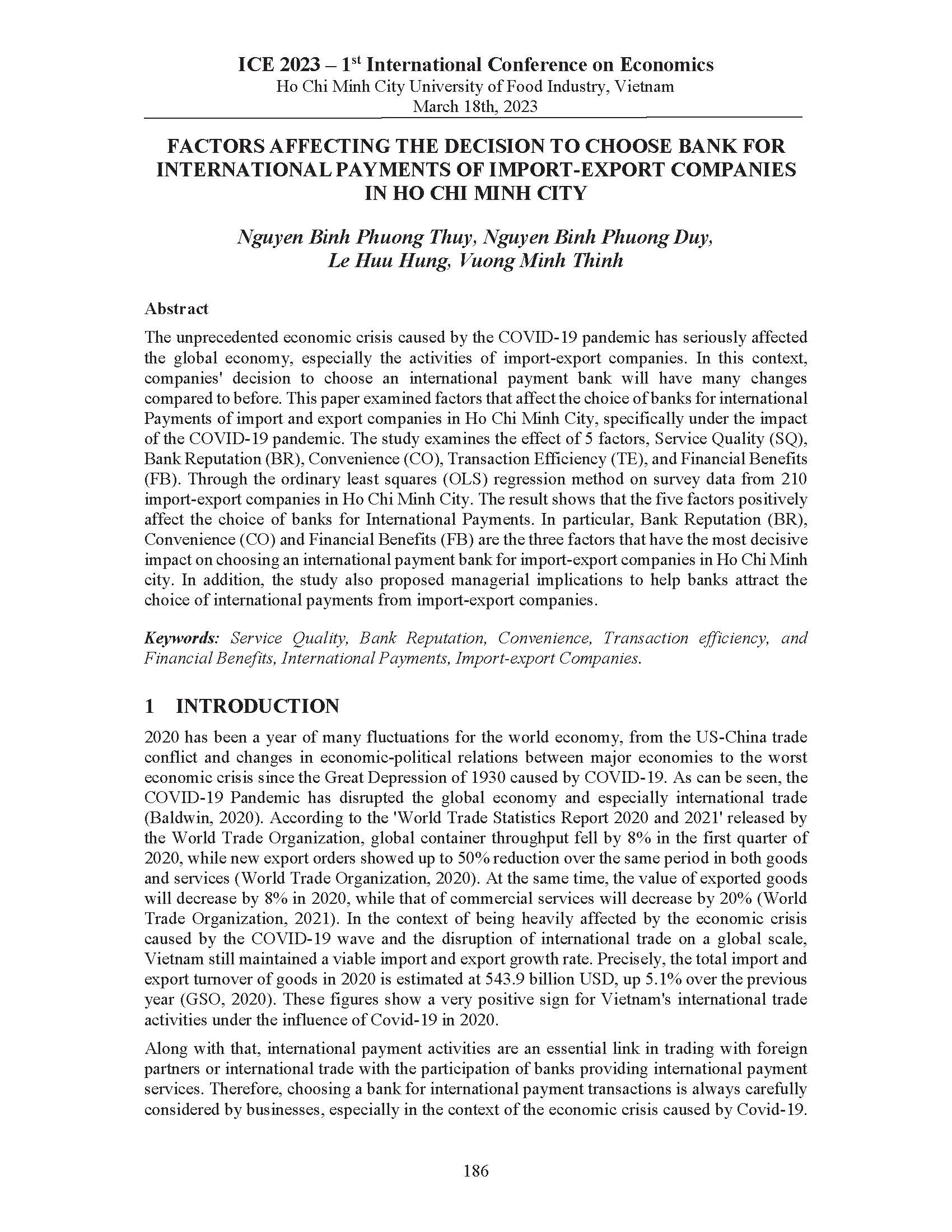 Factors affecting the decision to choose bank for international payments of import-export companies in Ho Chi Minh city