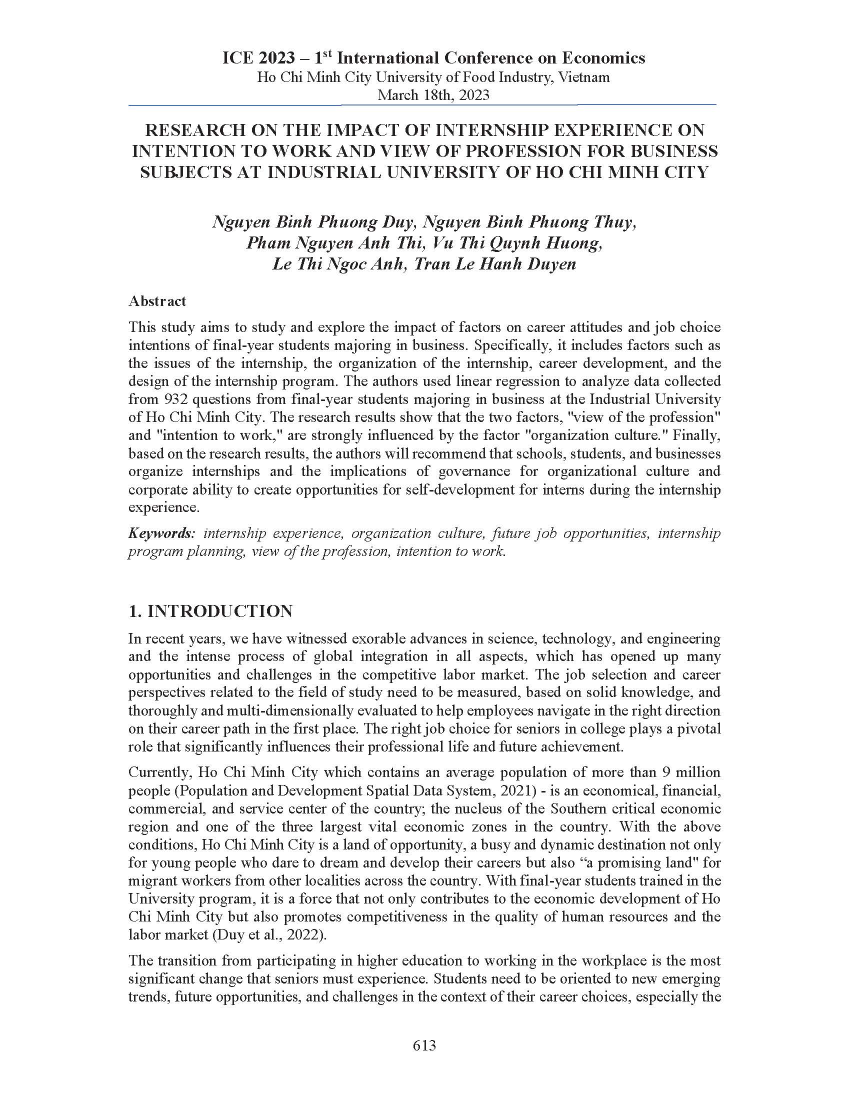 Research on the impact of internship experience on intention to work and view of profession for business subjects at Industrial University of Ho Chi Minh City