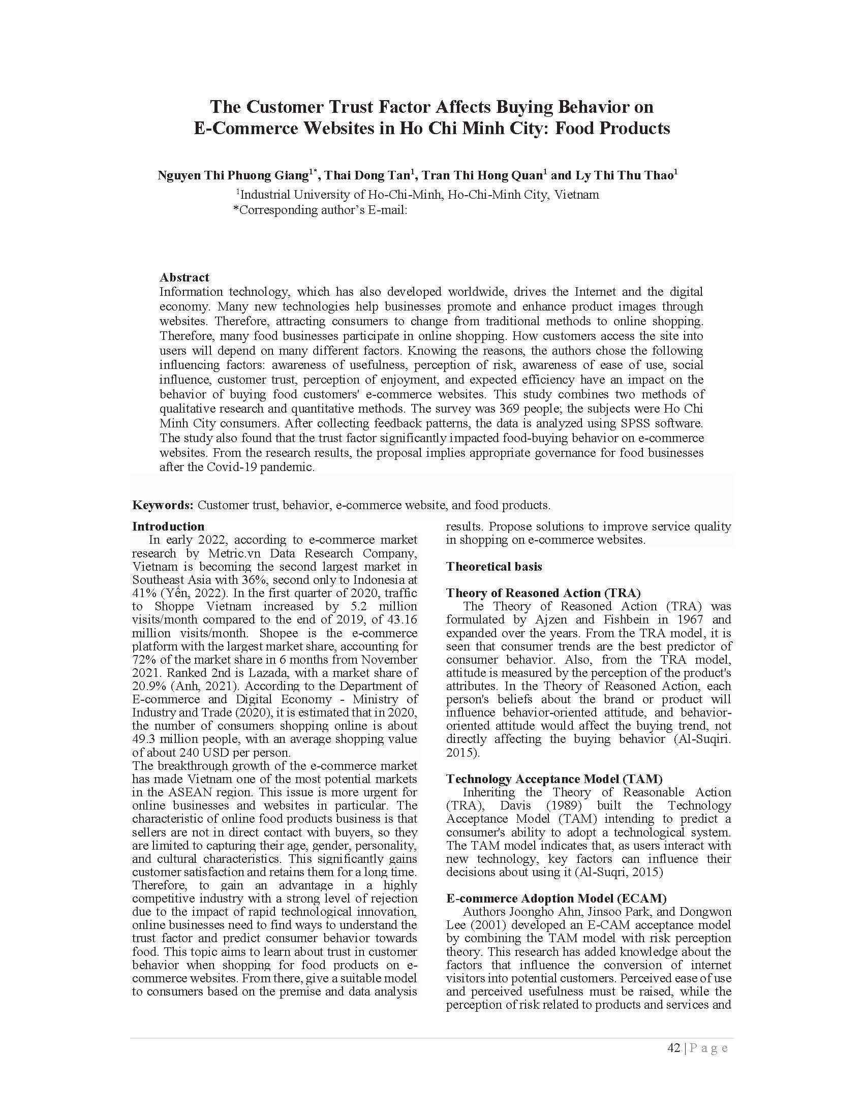 The Customer Trust Factor Affects Buying Behavior on E-Commerce Websites in Ho Chi Minh City: Food Products