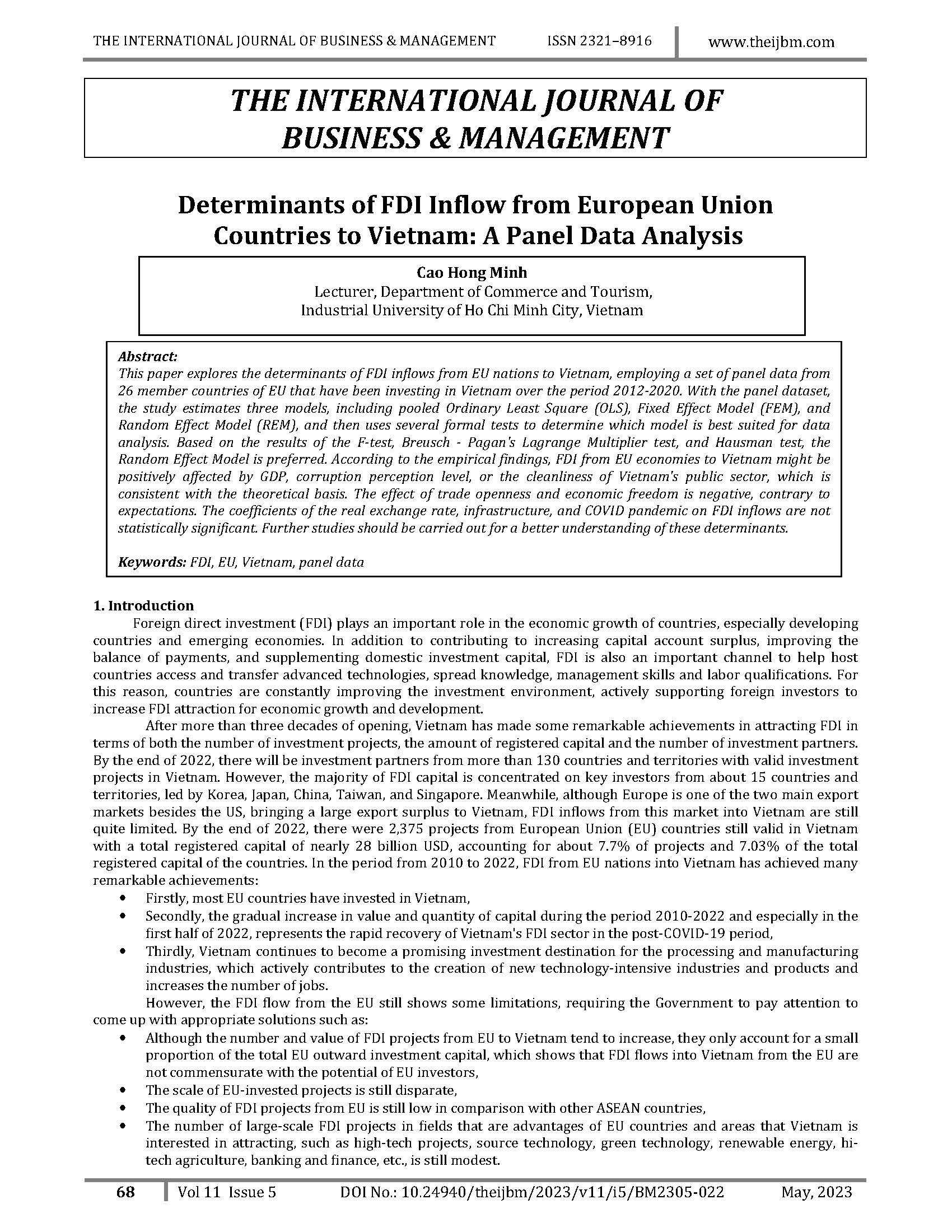 Determinants of FDI Inflow from European Union Countries to Vietnam: A Panel Data Analysis