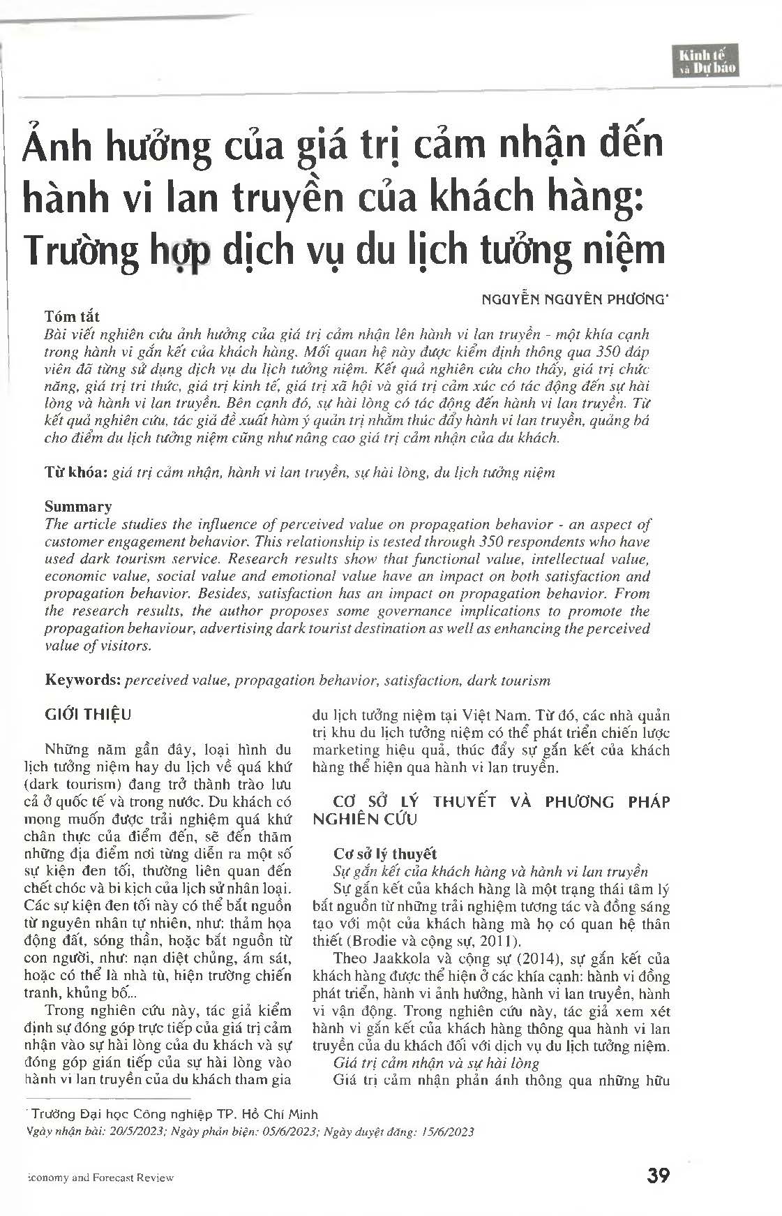 Ảnh hưởng của giá trị cảm nhận đến hành vi lan truyền của khách hàng: Trường hợp dịch vụ du lịch tưởng niệm