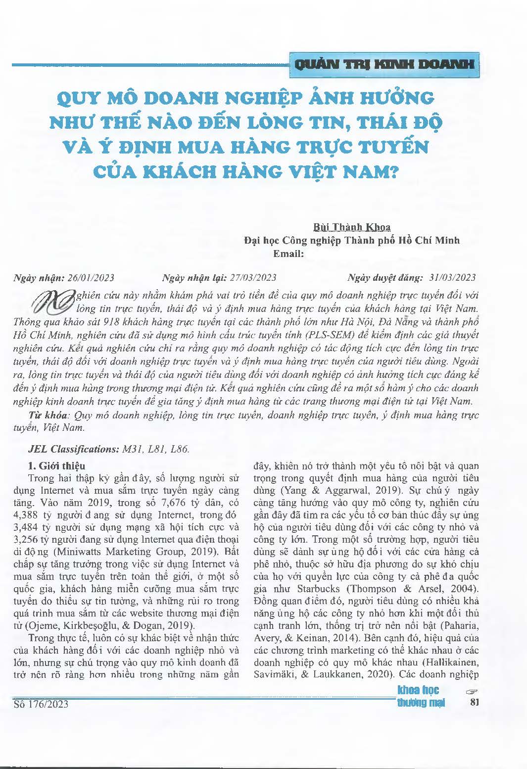 Quy mô doanh nghiệp ảnh hưởng như thế nào đến lòng tin, thái độ và ý định mua hàng trực tuyến của khách hàng Việt Nam?