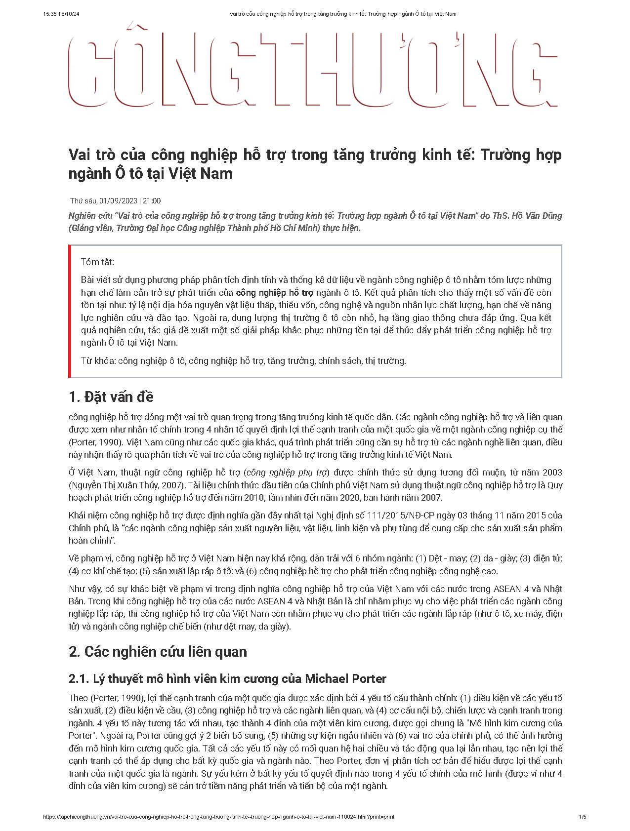 Vai trò của công nghiệp hỗ trợ trong tăng trưởng kinh tế: Trường hợp ngành Ô tô tại Việt Nam