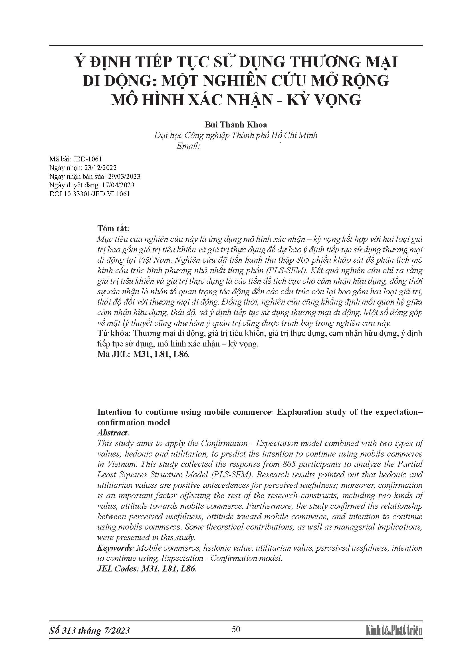 Ý định tiếp tục sử dụng thương mại di dộng: Một nghiên cứu mở rộng mô hình xác nhận - kỳ vọng