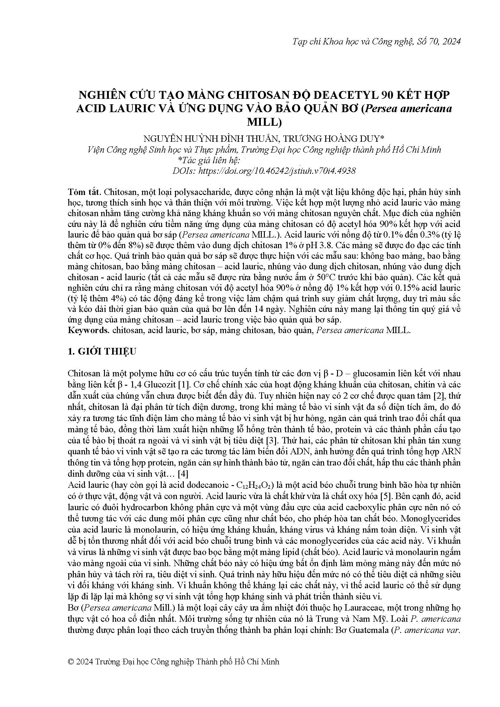 Nghiên cứu tạo màng chitosan độ deacetyl 90 kết hợp acid lauric và ứng dụng vào bảo quản bơ (persea americana mill)