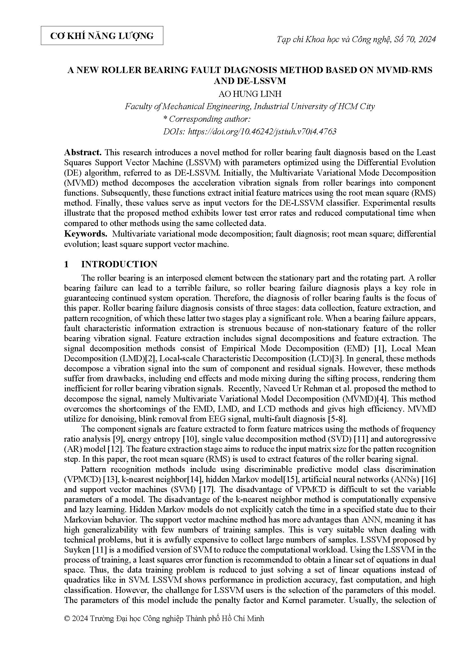 A new roller bearing fault diagnosis method based on MVMD-RMS and DE-LSSVM