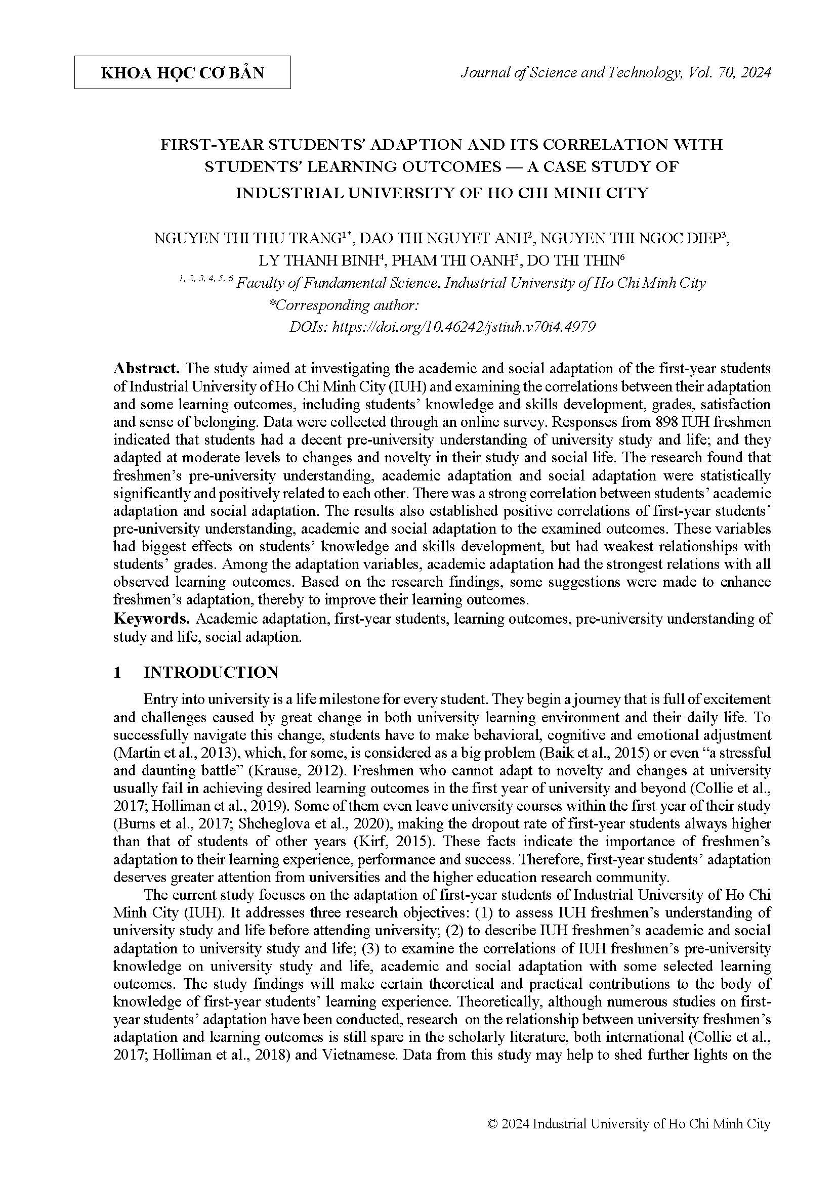 First-year students’ adaption and its correlation with students’ learning outcomes — A case study of industrial university of Ho Chi Minh city#Sự thích ứng của sinh viên năm thứ nhất và mối tương quan của nó với một số kết quả học tập của sinh viên — Một nghiên cứu trường hợp tại trường Đại học Công nghiệp thành phố Hồ Chí Minh