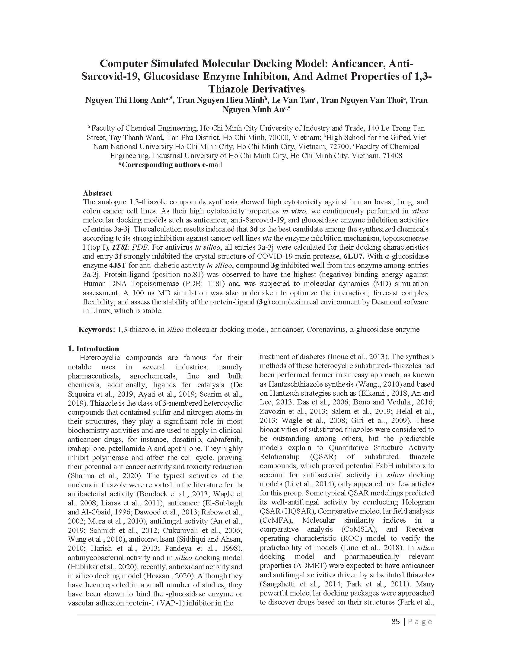 Computer Simulated Molecular Docking Model: Anticancer, Anti- Sarcovid-19, Glucosidase Enzyme Inhibiton, And Admet Properties of 1,3- Thiazole Derivatives