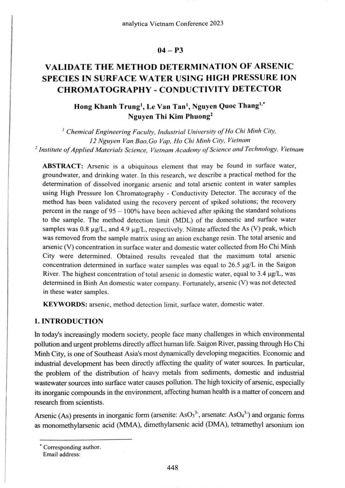 Validate the method determination of arsenic species in surface water using High Pressure Ion Chromatography - Conductivity Detector