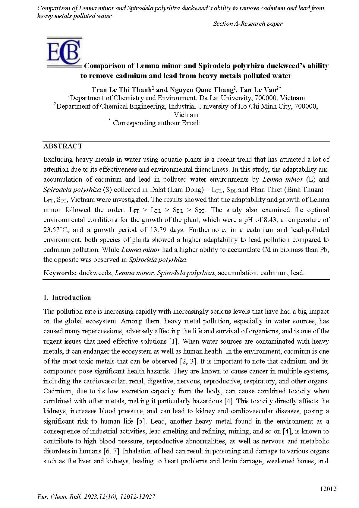 Comparison of Lemna minor and Spirodela polyrhiza duckweed’s ability to remove cadmium and lead from heavy metals polluted water